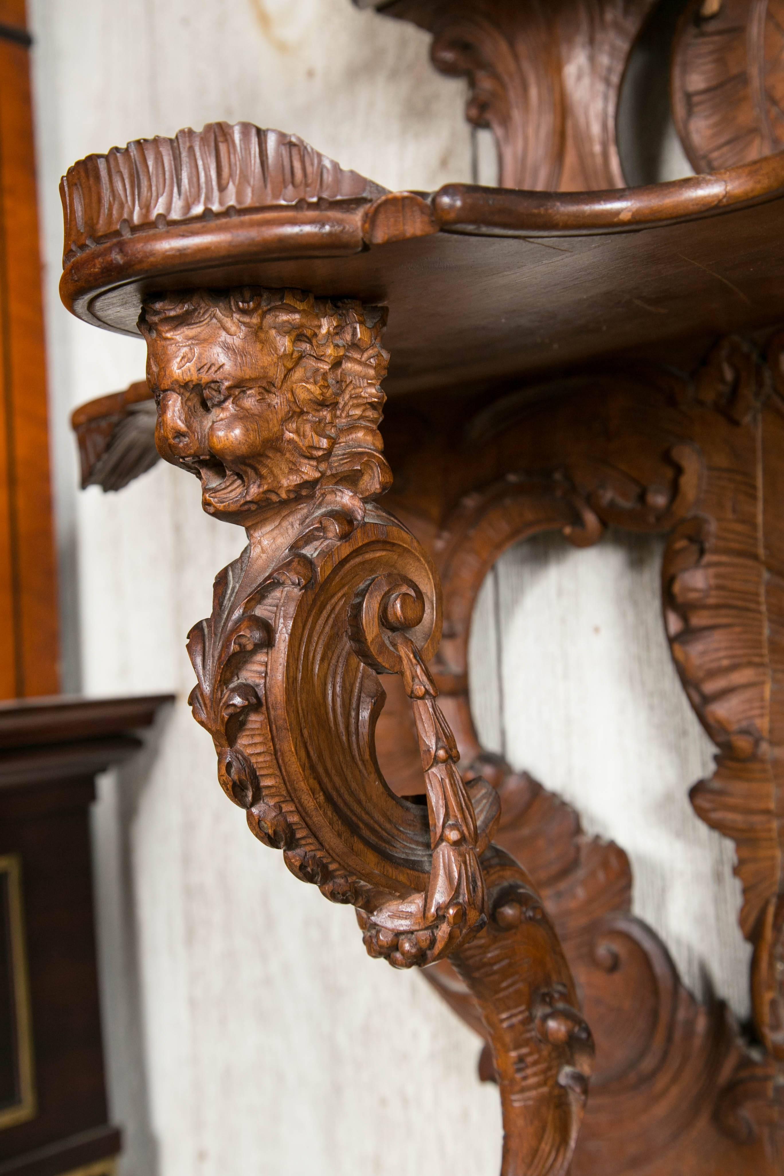 Hand-Carved Carved Walnut Three-Shelf Italian Rococo Wall Bracket For Sale