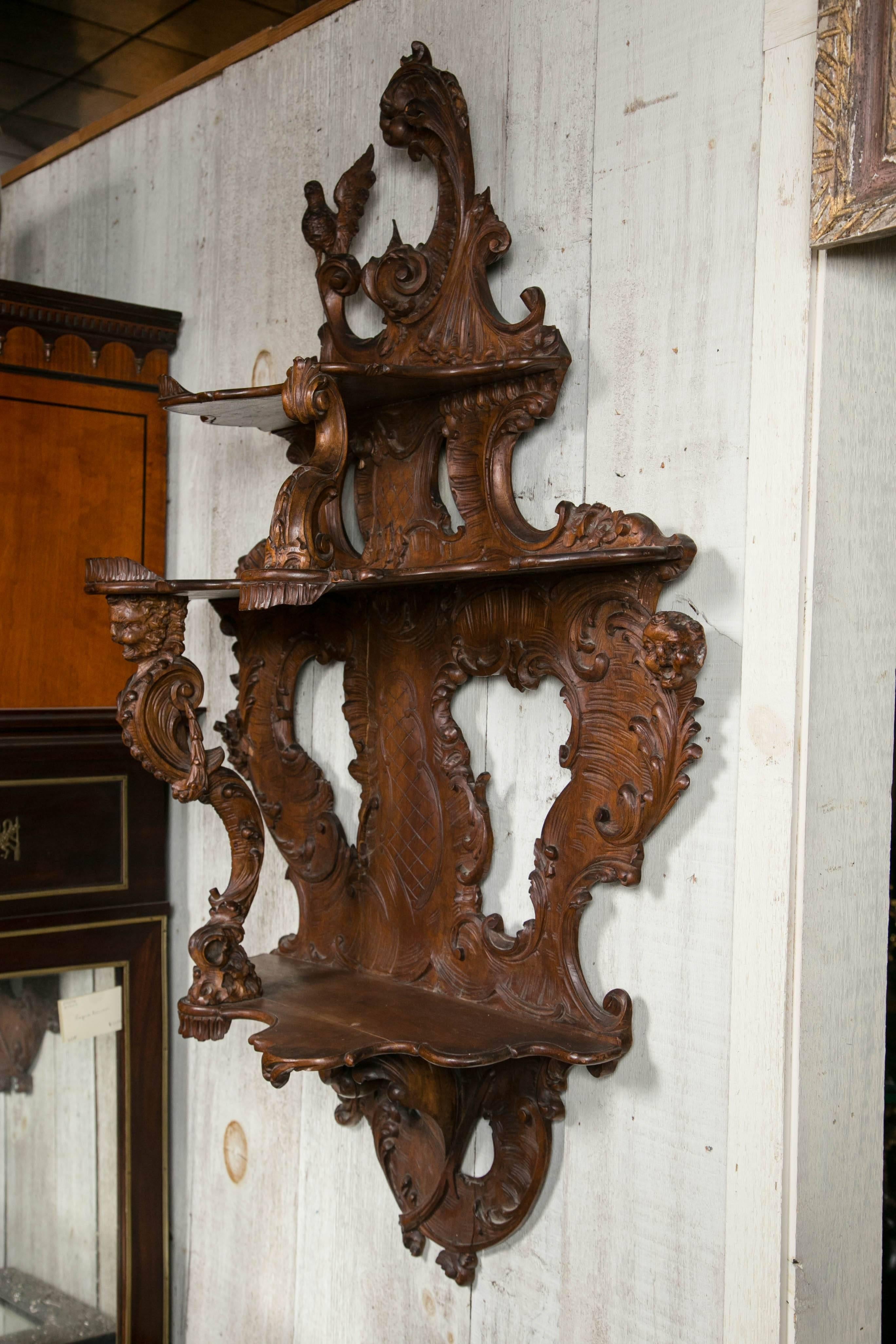 19th Century Carved Walnut Three-Shelf Italian Rococo Wall Bracket For Sale