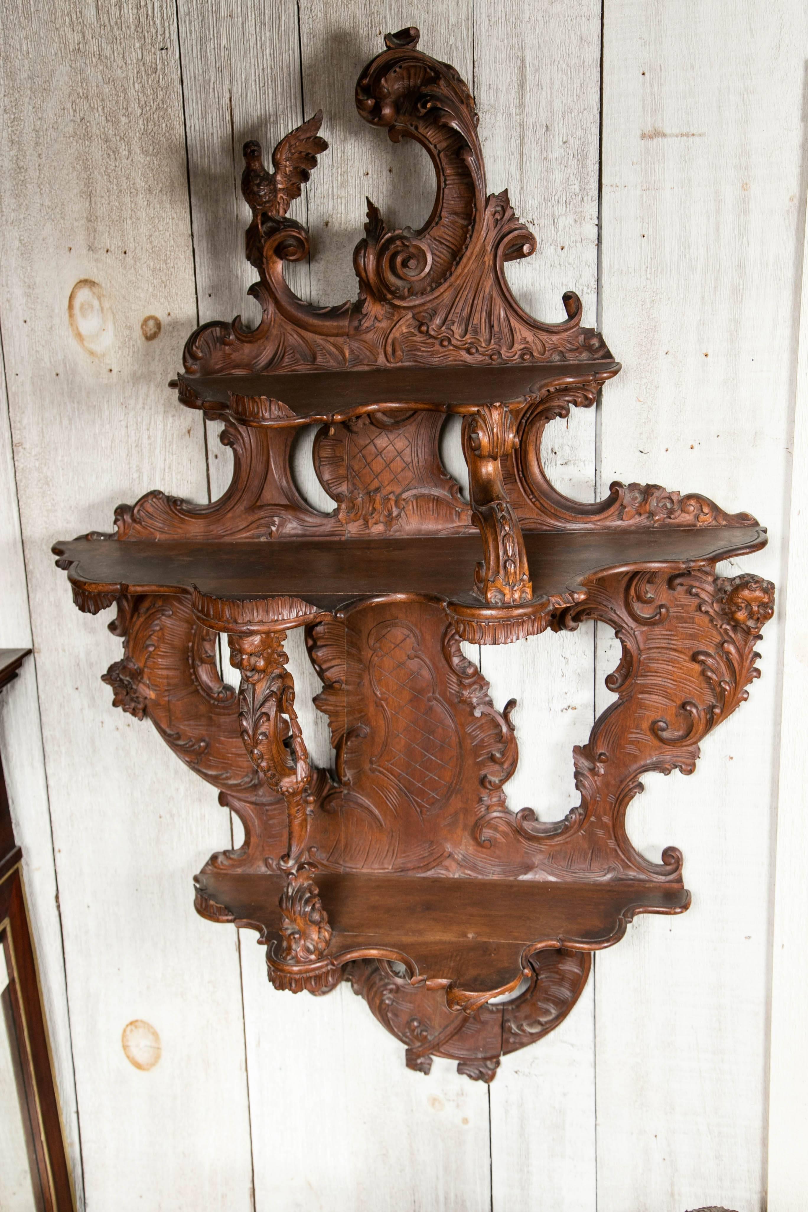 Carved Walnut Three-Shelf Italian Rococo Wall Bracket For Sale 2