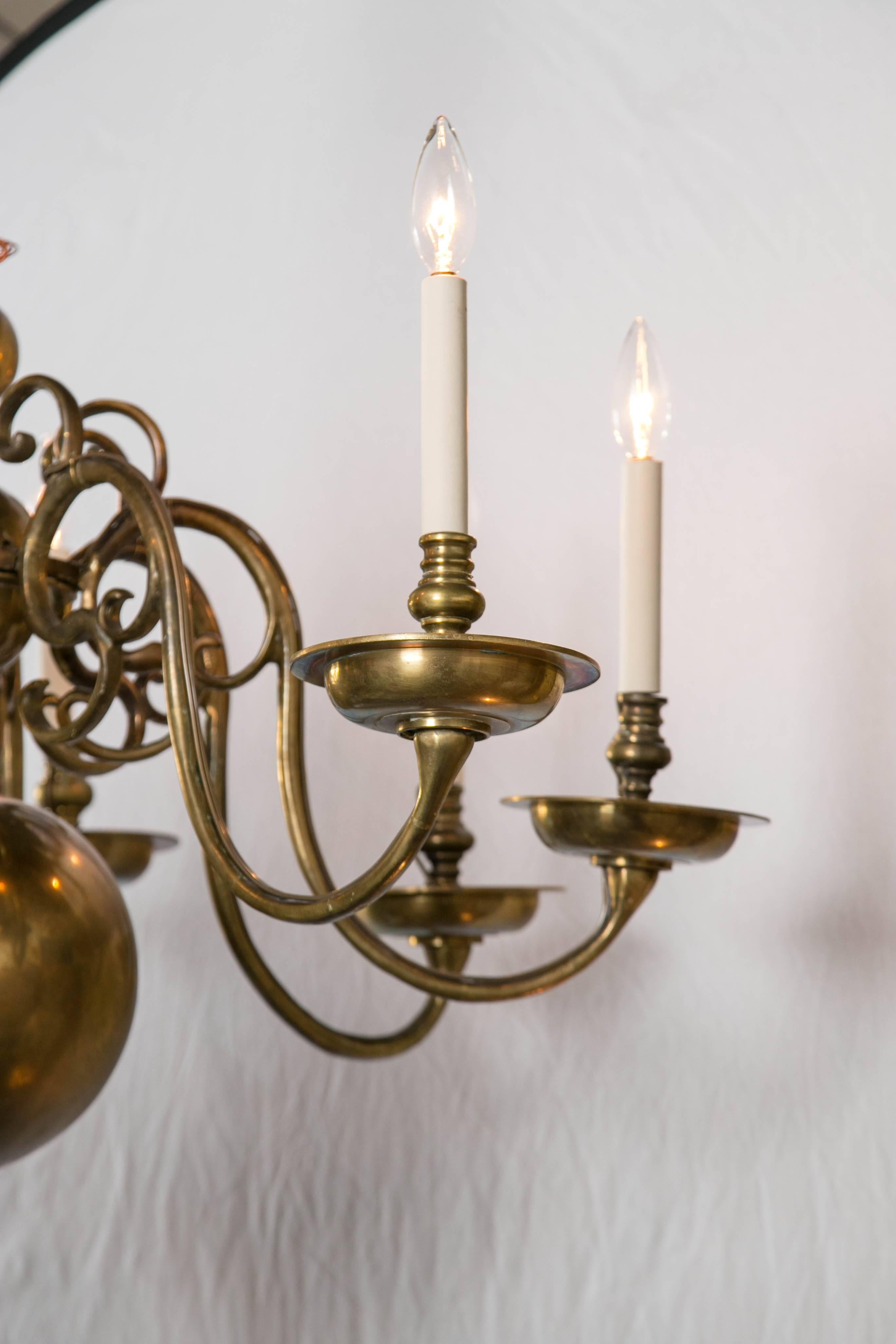 Dutch Colonial Antique Brass Eight-Light Dutch Chandelier