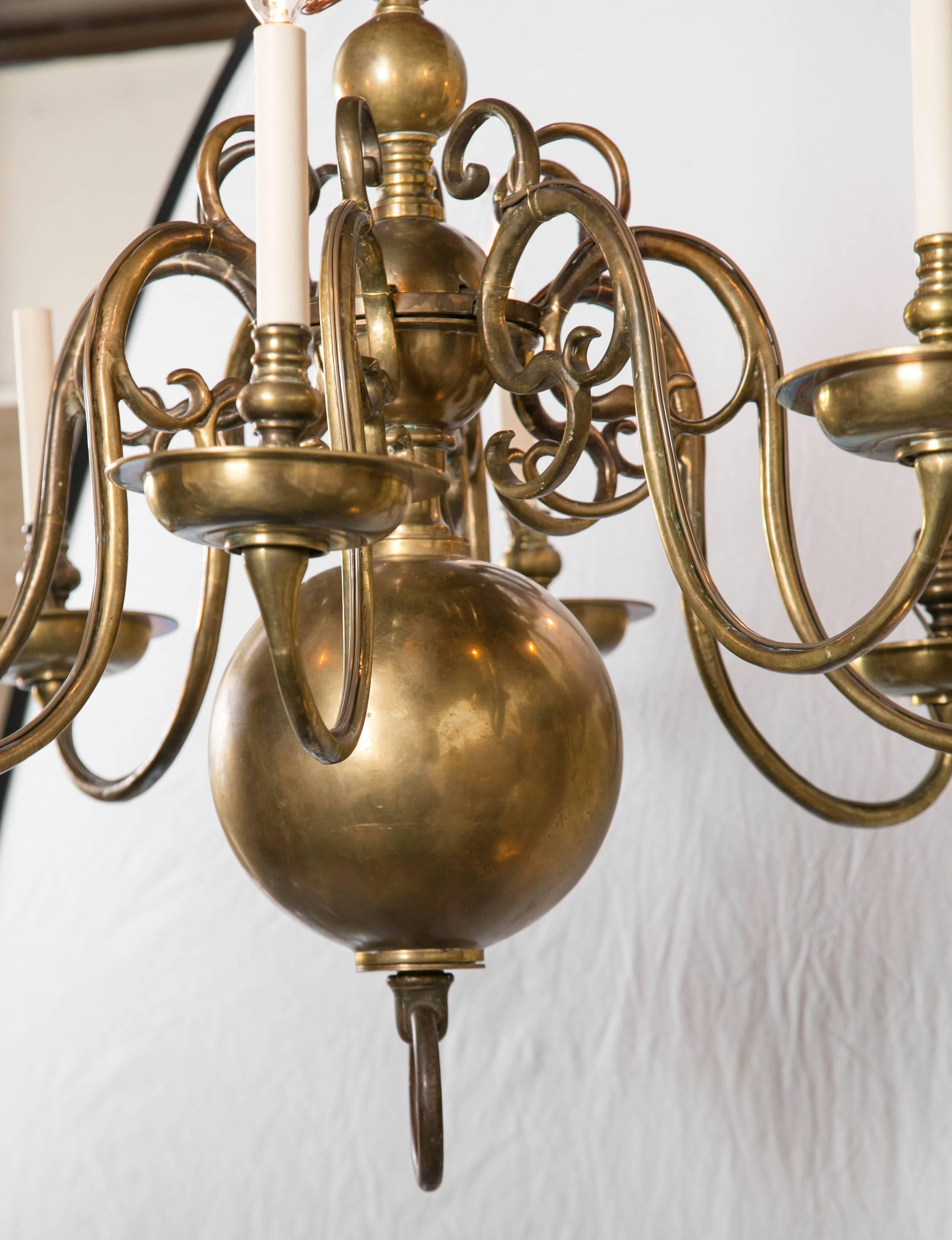 Hand-Crafted Antique Brass Eight-Light Dutch Chandelier