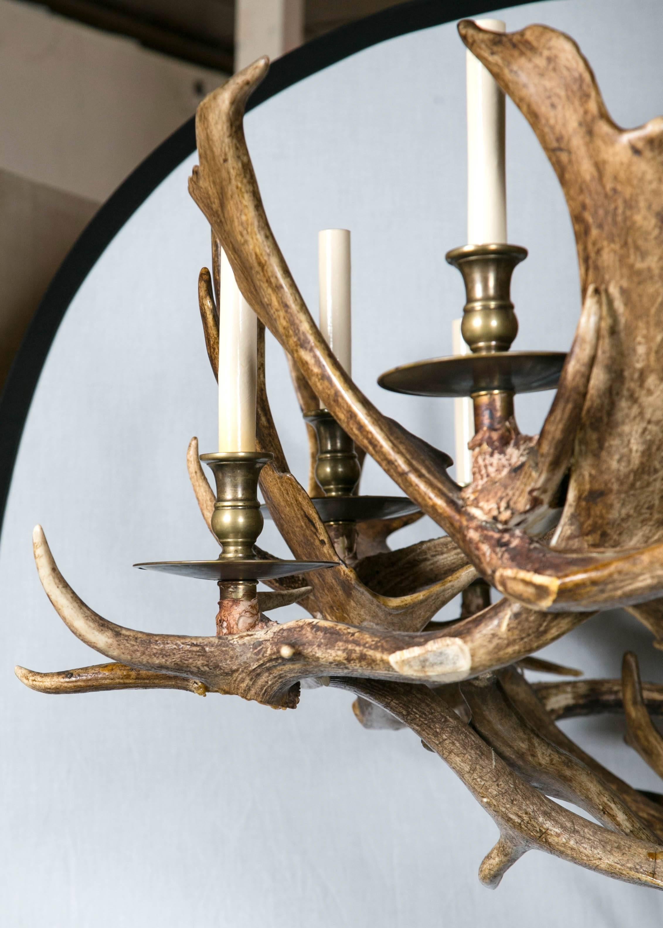 Natural caribou antlers have been formed into a unique twelve-light chandelier with brass candle cups and drip pans. The antlers have been varnished. At the top is a brass stem and ring. In the center inside, at the top is an acorn finial.
The