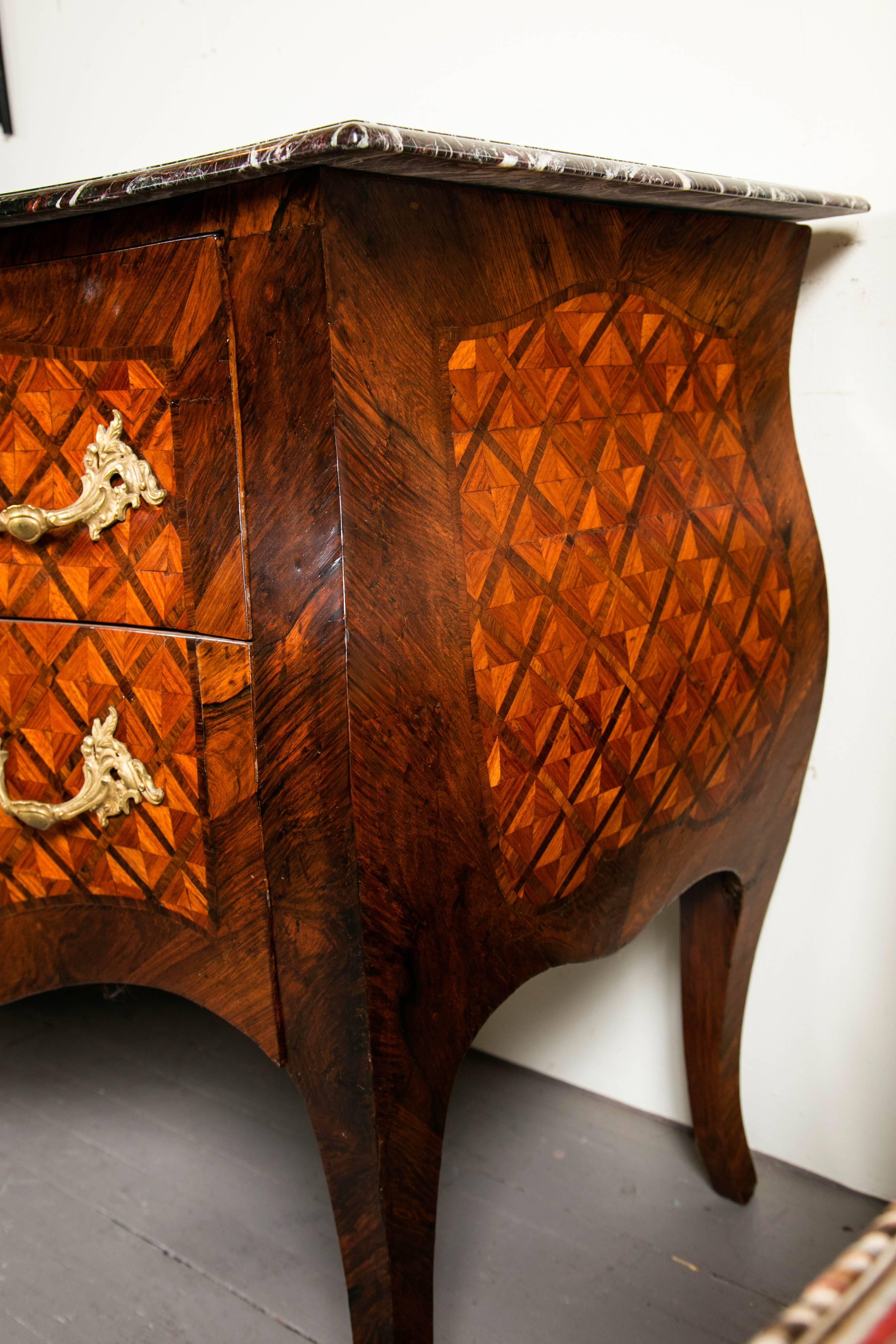 Wood  19th Century Marble-Top Two-Drawer Italian Parquetry Commode For Sale