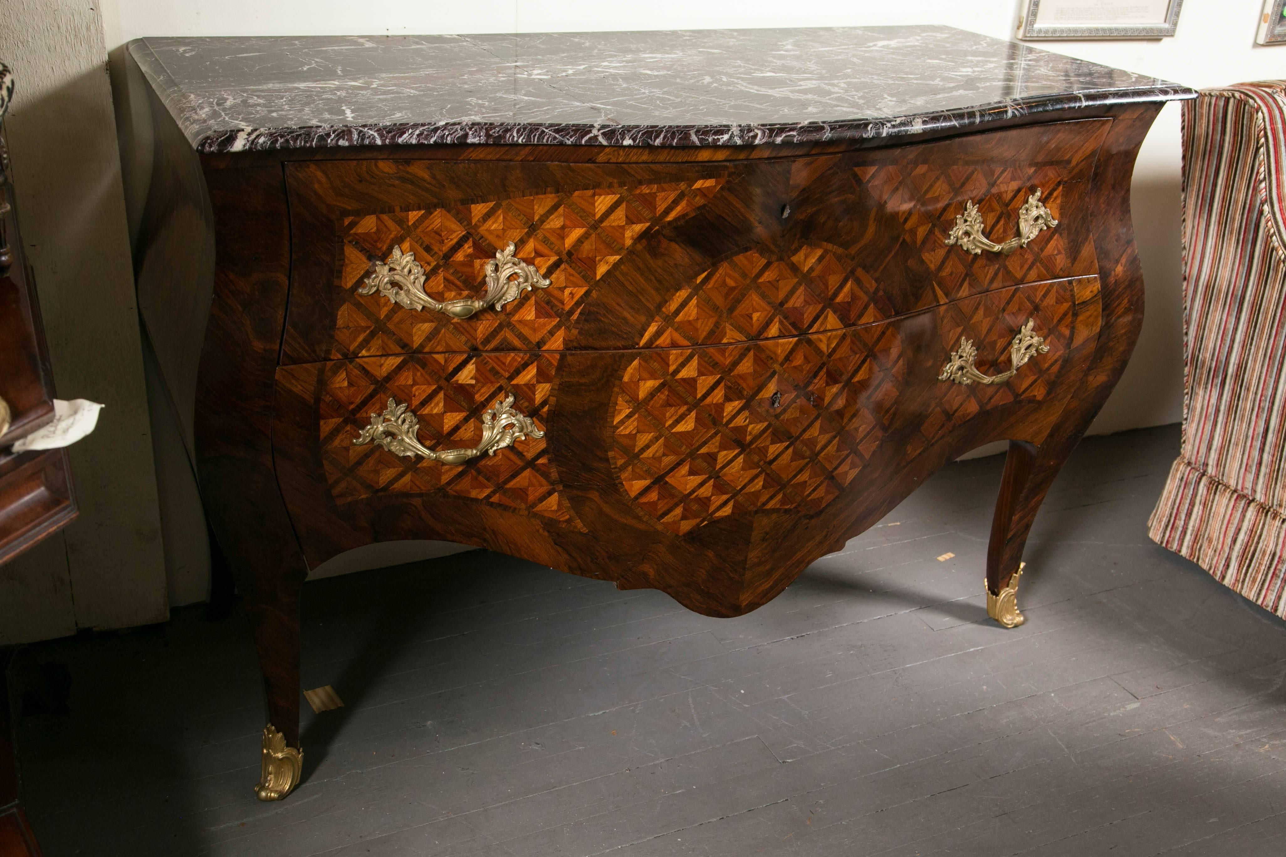  19th Century Marble-Top Two-Drawer Italian Parquetry Commode For Sale 3