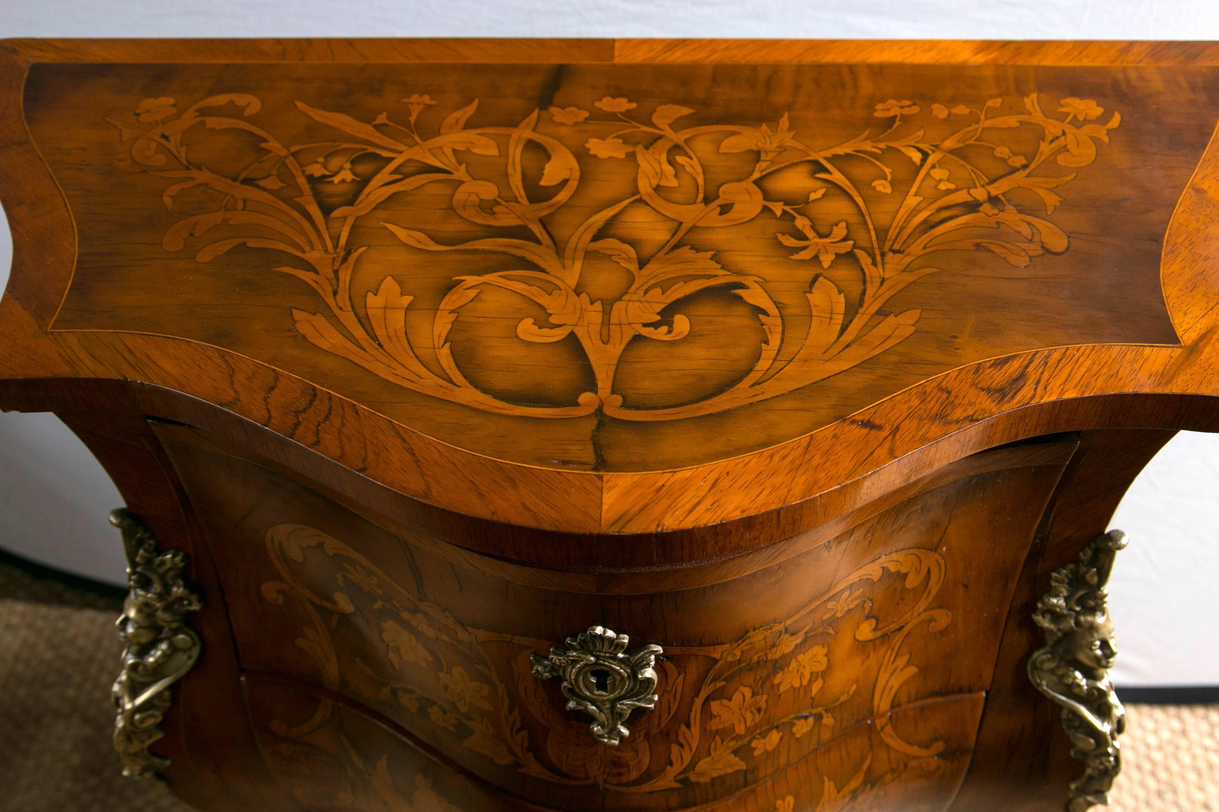 Hand-Crafted Small Three-Drawer Bronze-Mounted Marquetry Commode