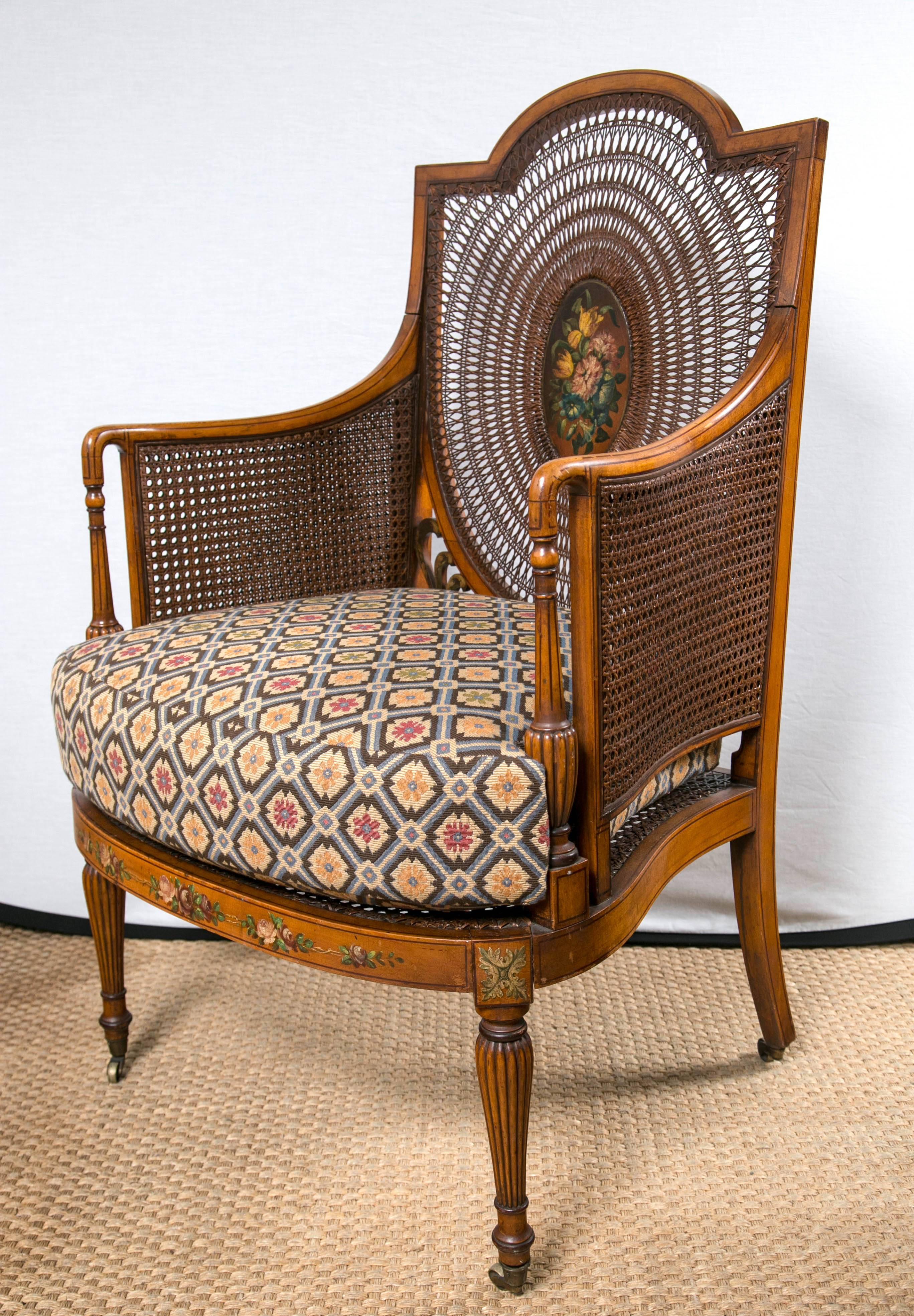 British Paint Decorated and Caned Edwardian Armchair For Sale
