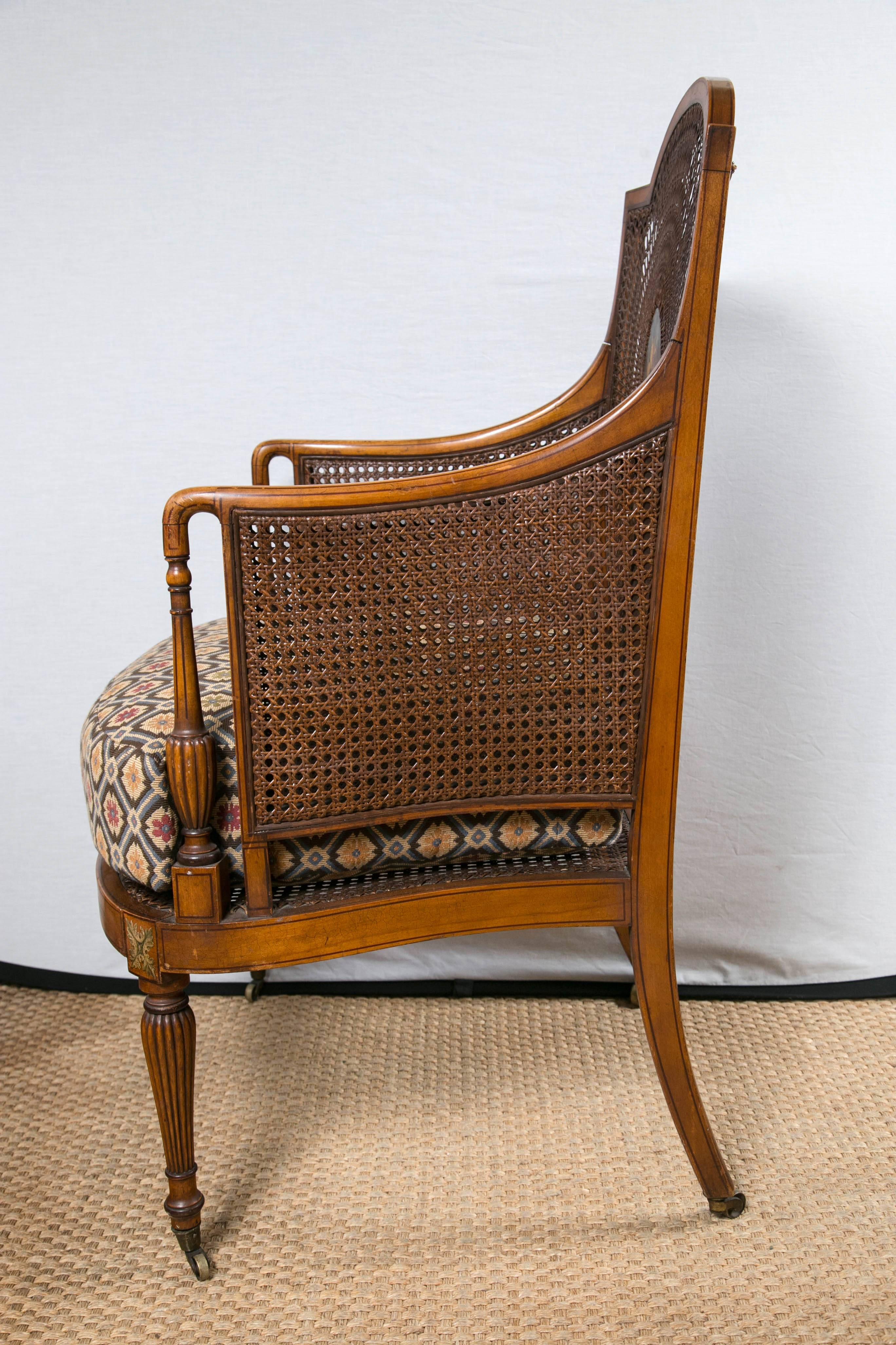 Hand-Crafted Paint Decorated and Caned Edwardian Armchair For Sale