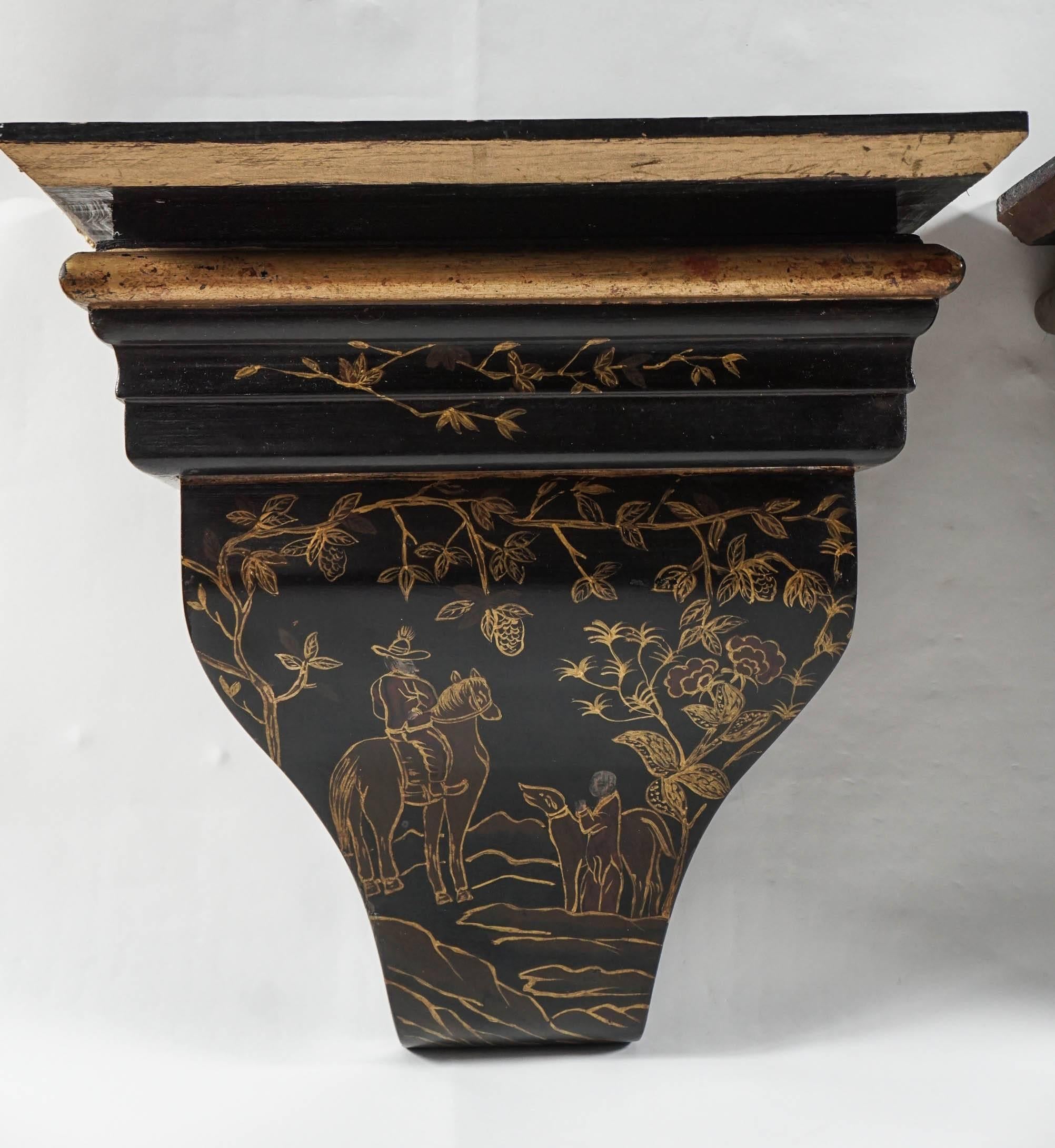 Chinese Export Pair of 20th Century Asian Black and Gold Painted Wall Brackets