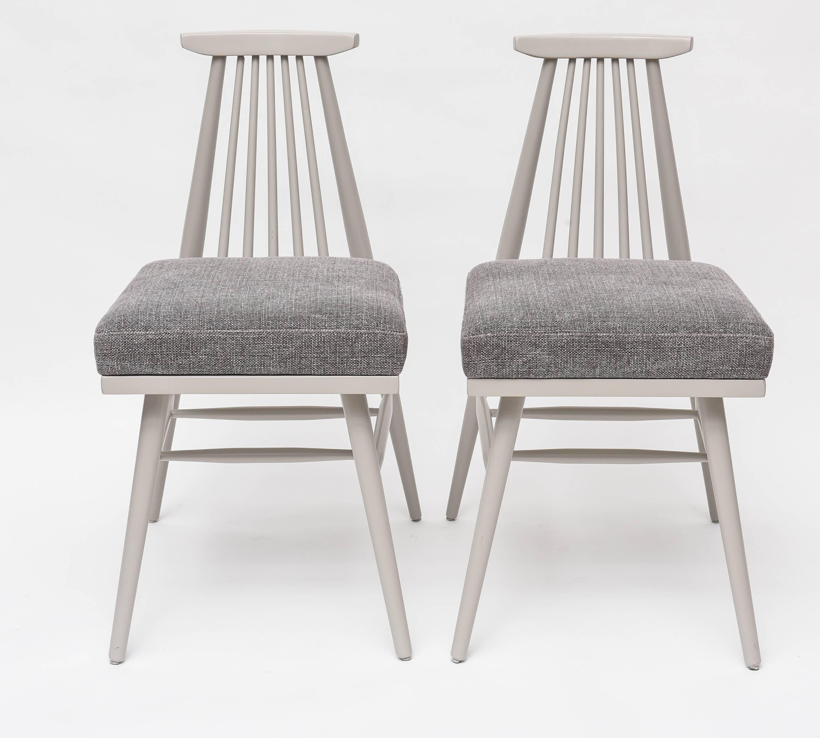 Rare Predictor dining chairs by Paul McCobb for O'Hearn Furniture, in production from 1951-1954. Gray satin finish with new mocha distressed linen upholstery.