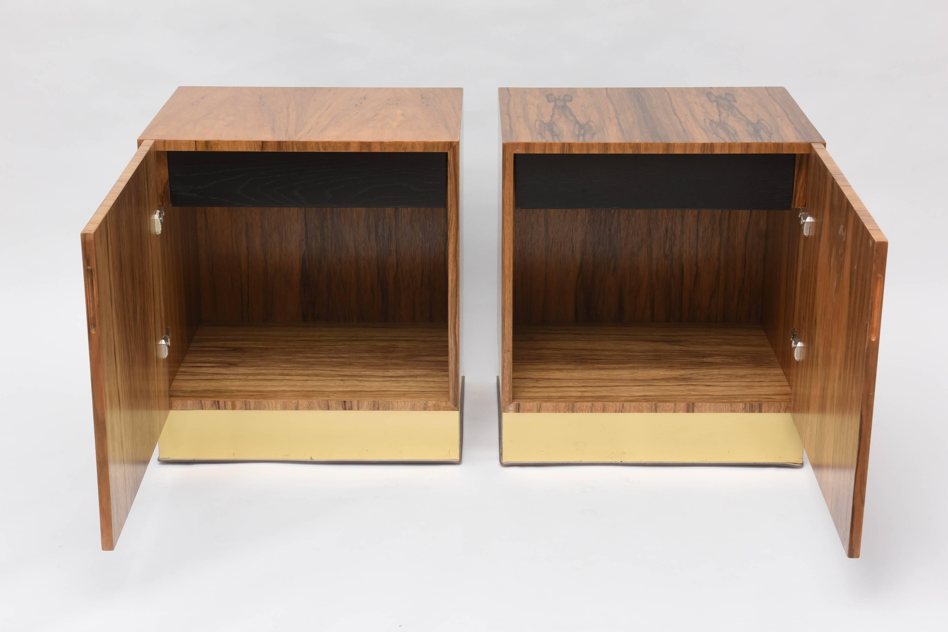 Organic Modern Pair of Milo Baughman Bleached Rosewood and Brass Nightstands