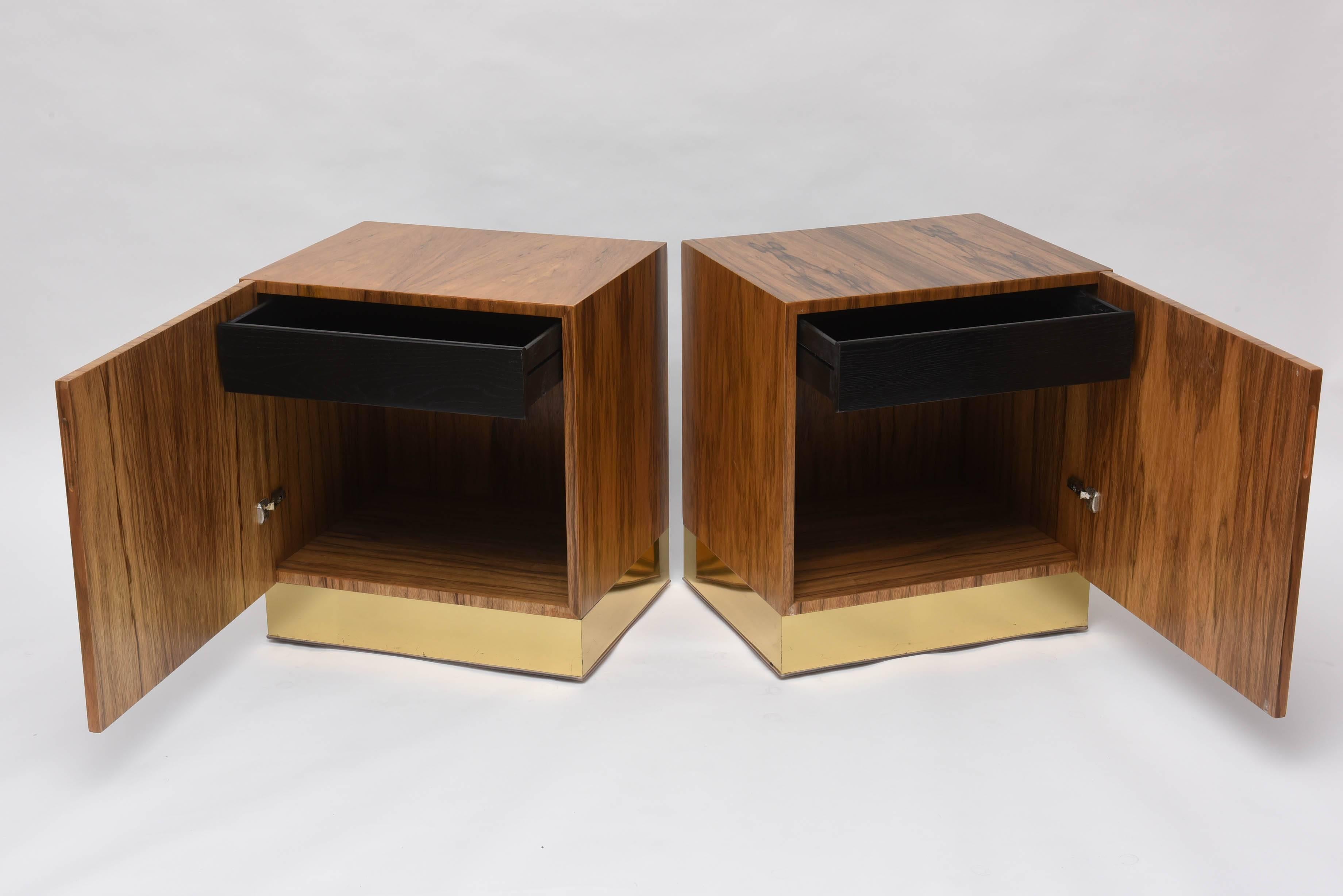 American Pair of Milo Baughman Bleached Rosewood and Brass Nightstands