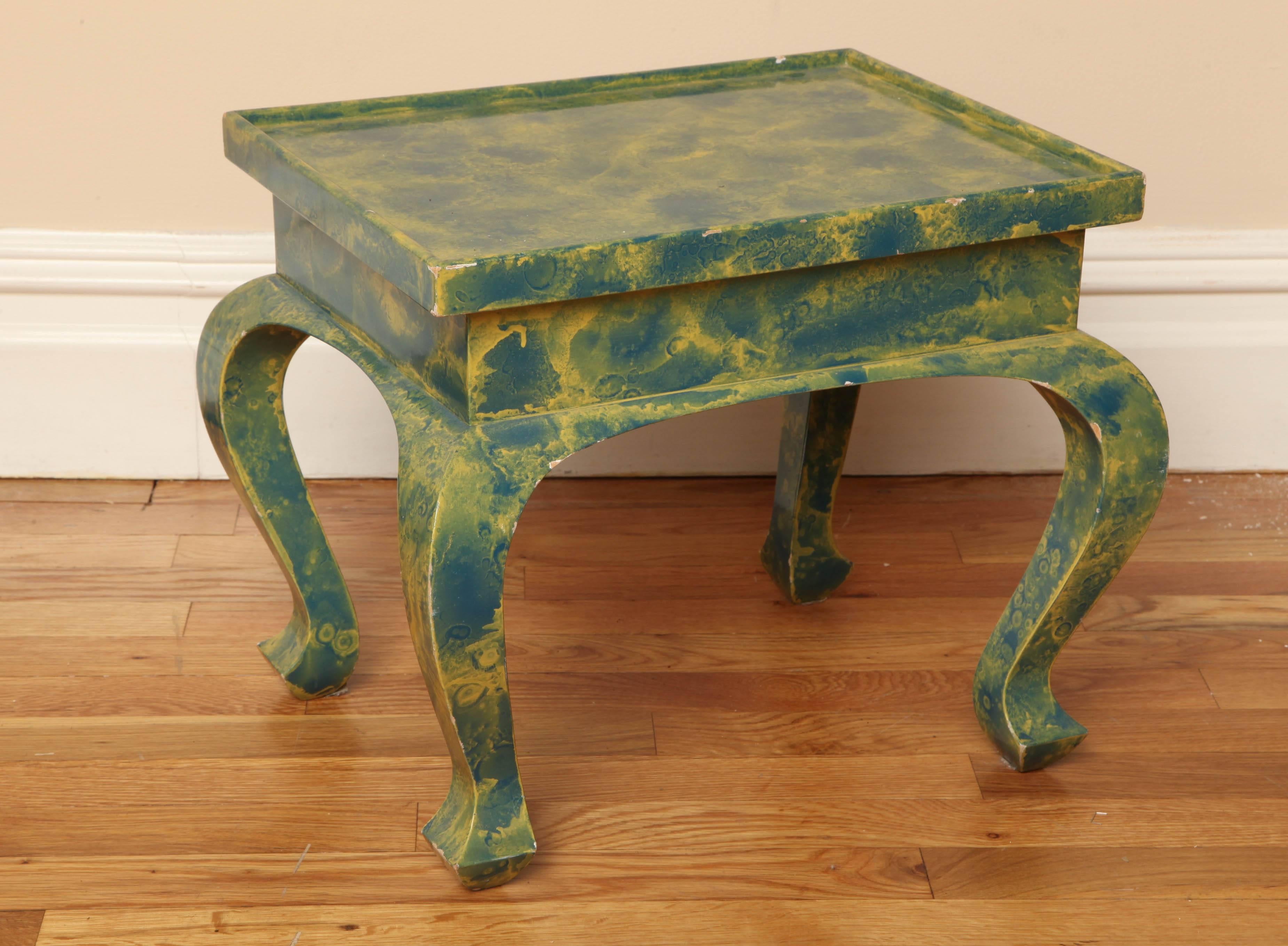Wood Pair of Small Low Green and Blue Occasional Tables For Sale