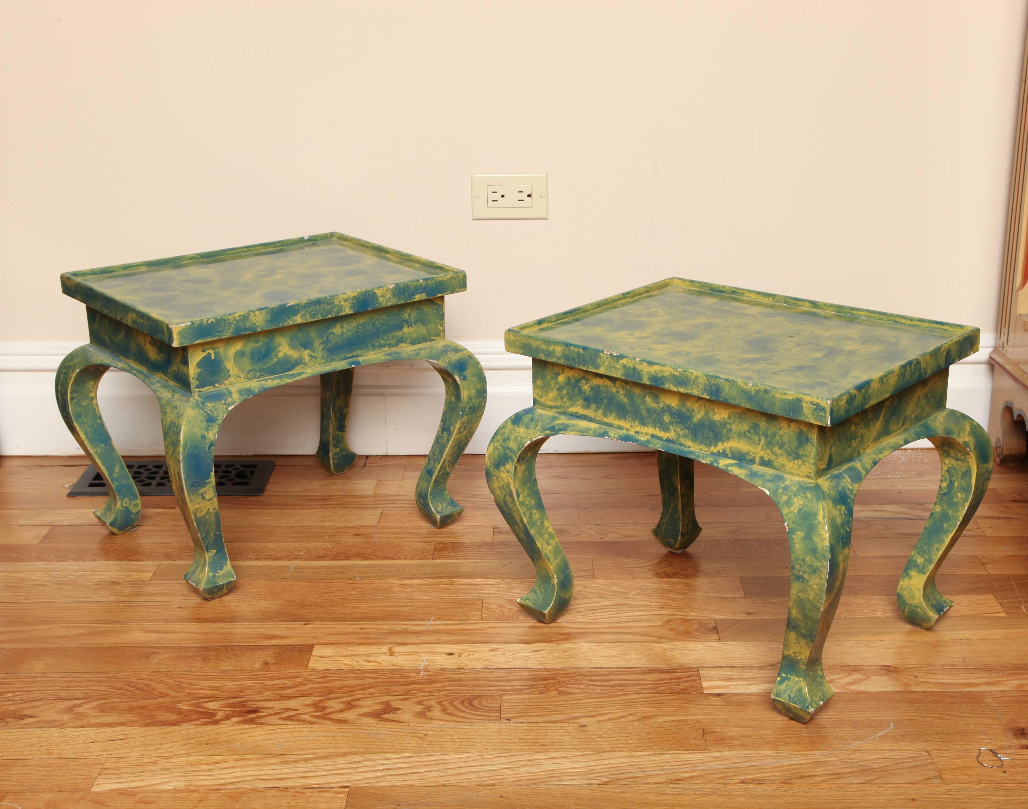Pair of Small Low Green and Blue Occasional Tables For Sale 2