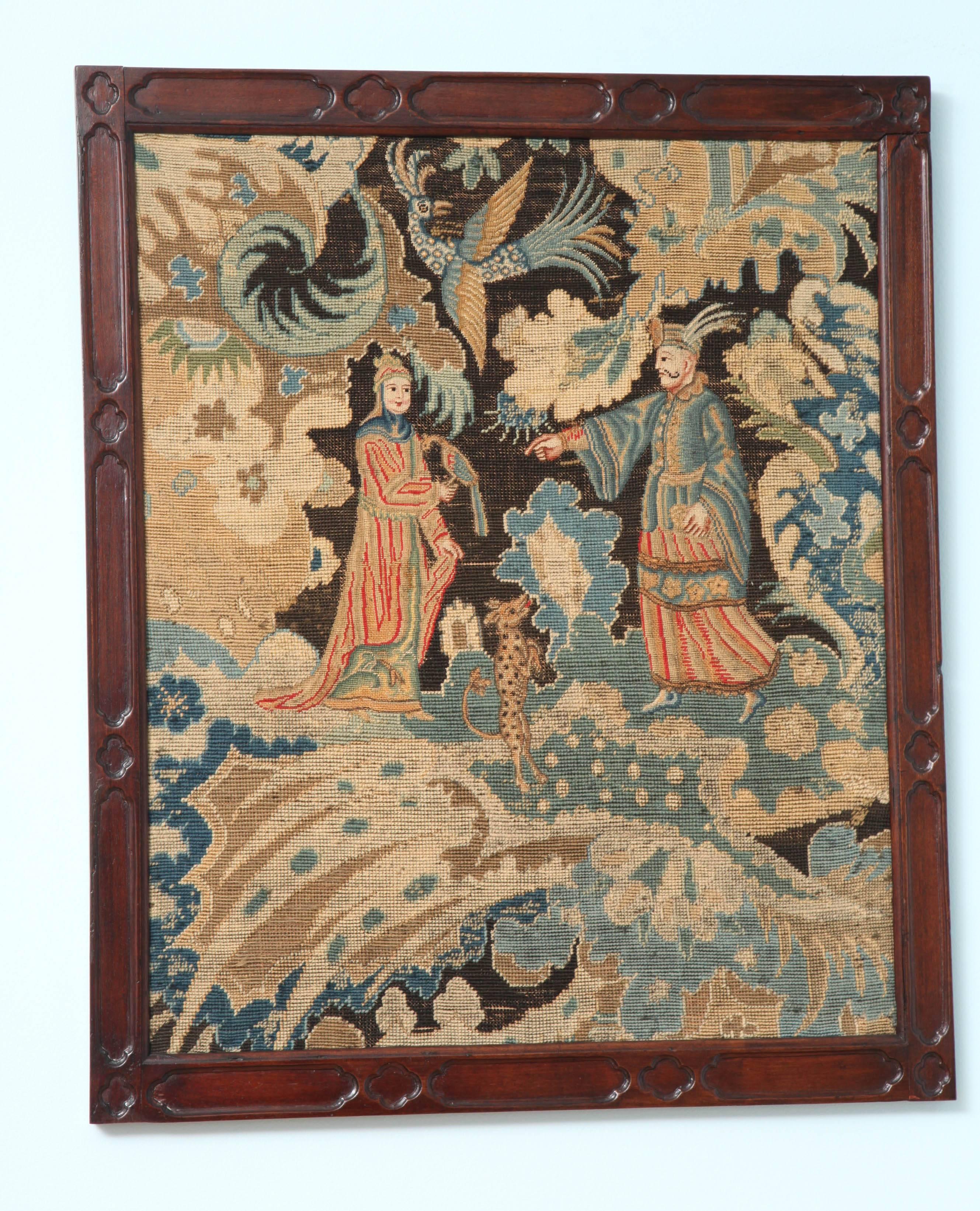 Early 18th Century Pair of George II Needlework Panels Within Hand-Carved Mahogany Frames For Sale