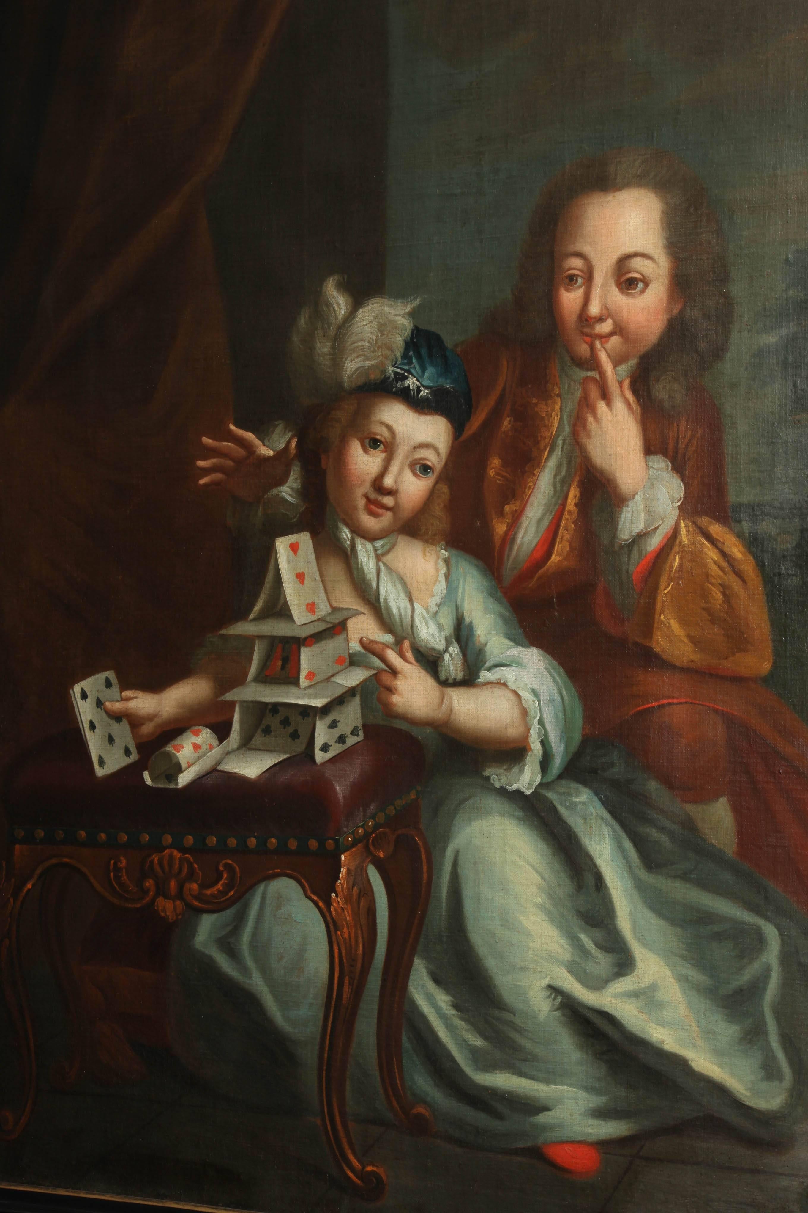 A very fine oil on canvas 18th century German painting of a man looking over the shoulder of a young girl making a house of cards atop an 18th century stool with gilded cabriole leg. 

 