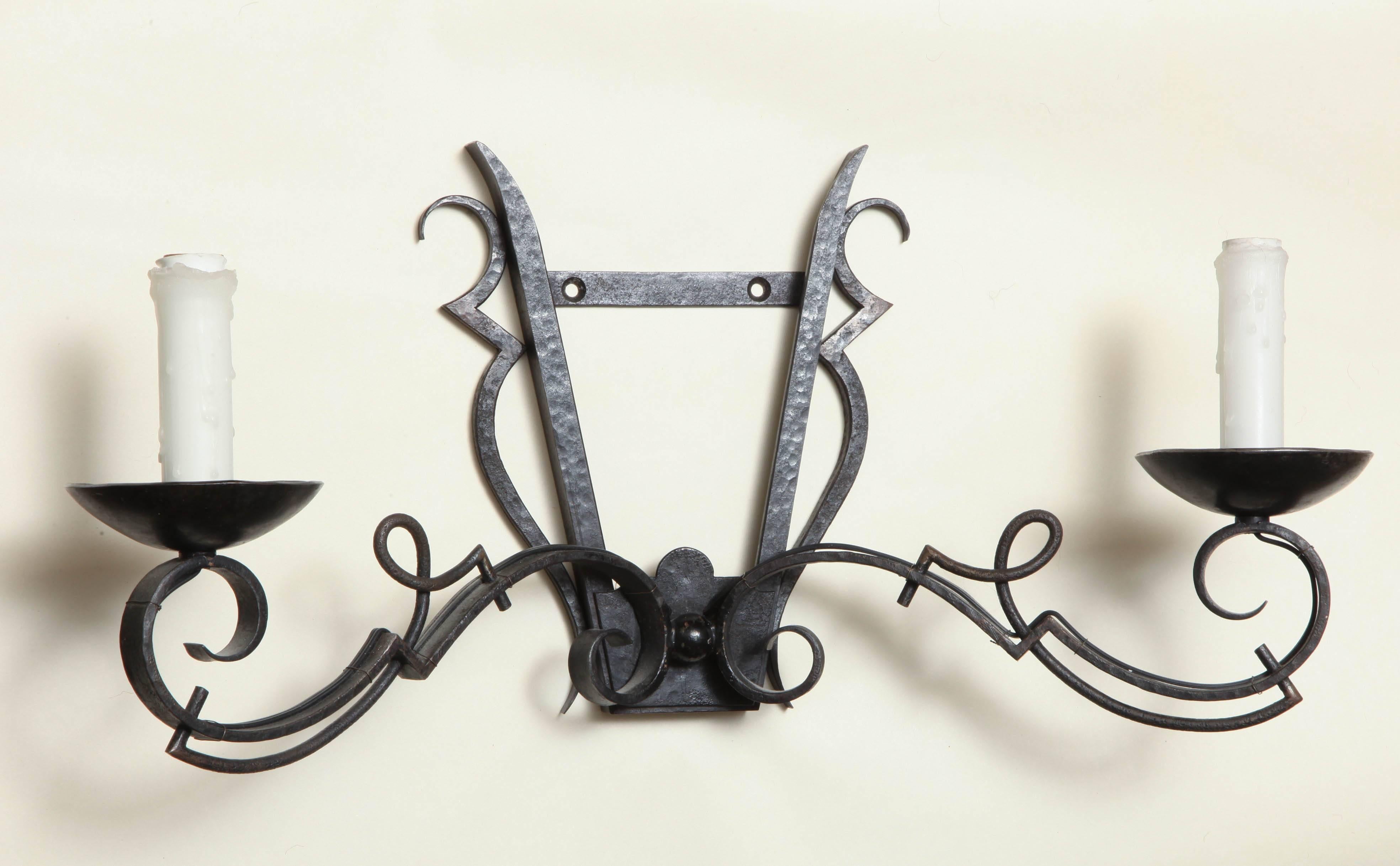 Pair of 1940s French Wrought Iron Wall Lights Attributed to Gilbert Poillerat 1