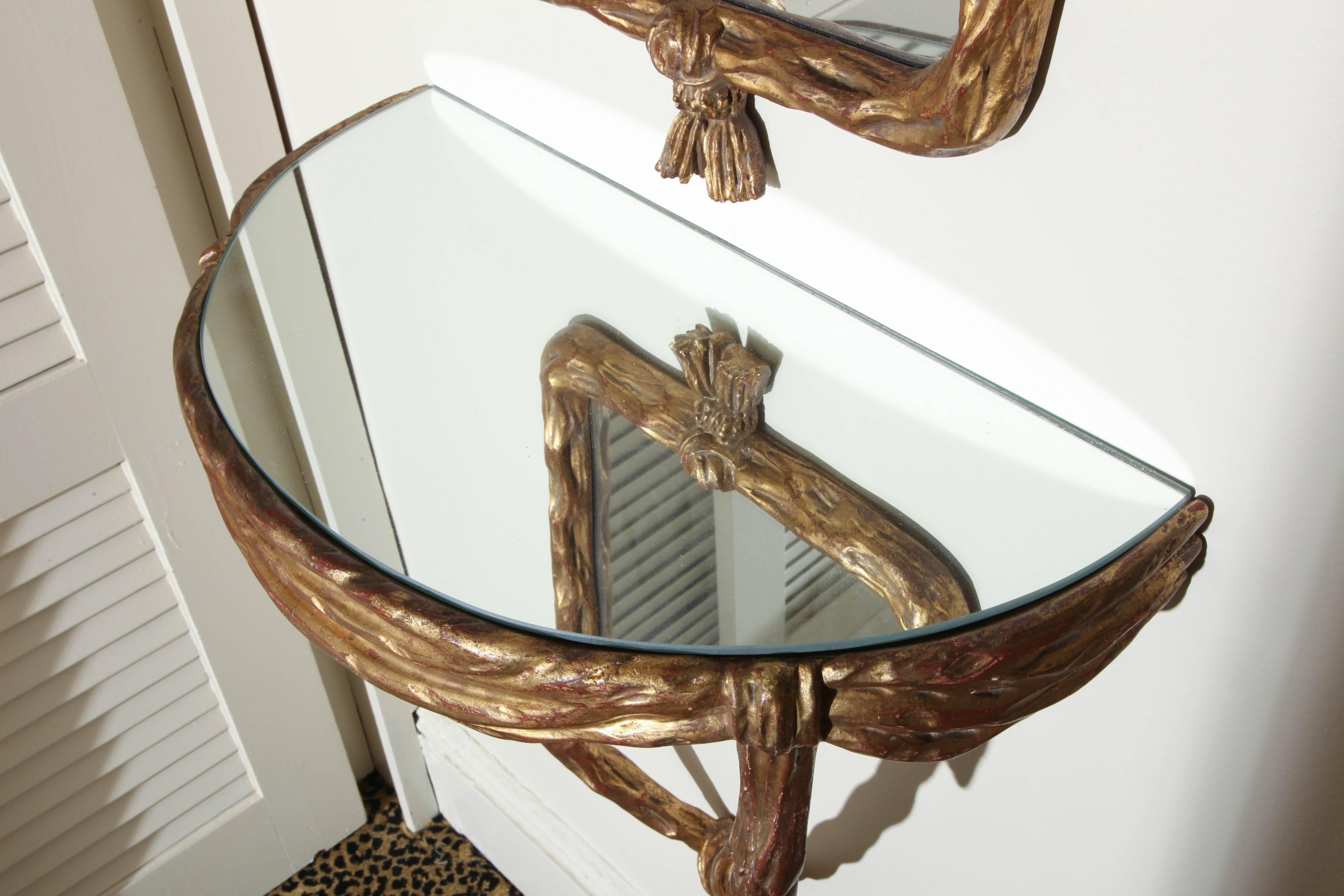 1940s Giltwood Drapery Mirror and Console Table In Excellent Condition In New York, NY