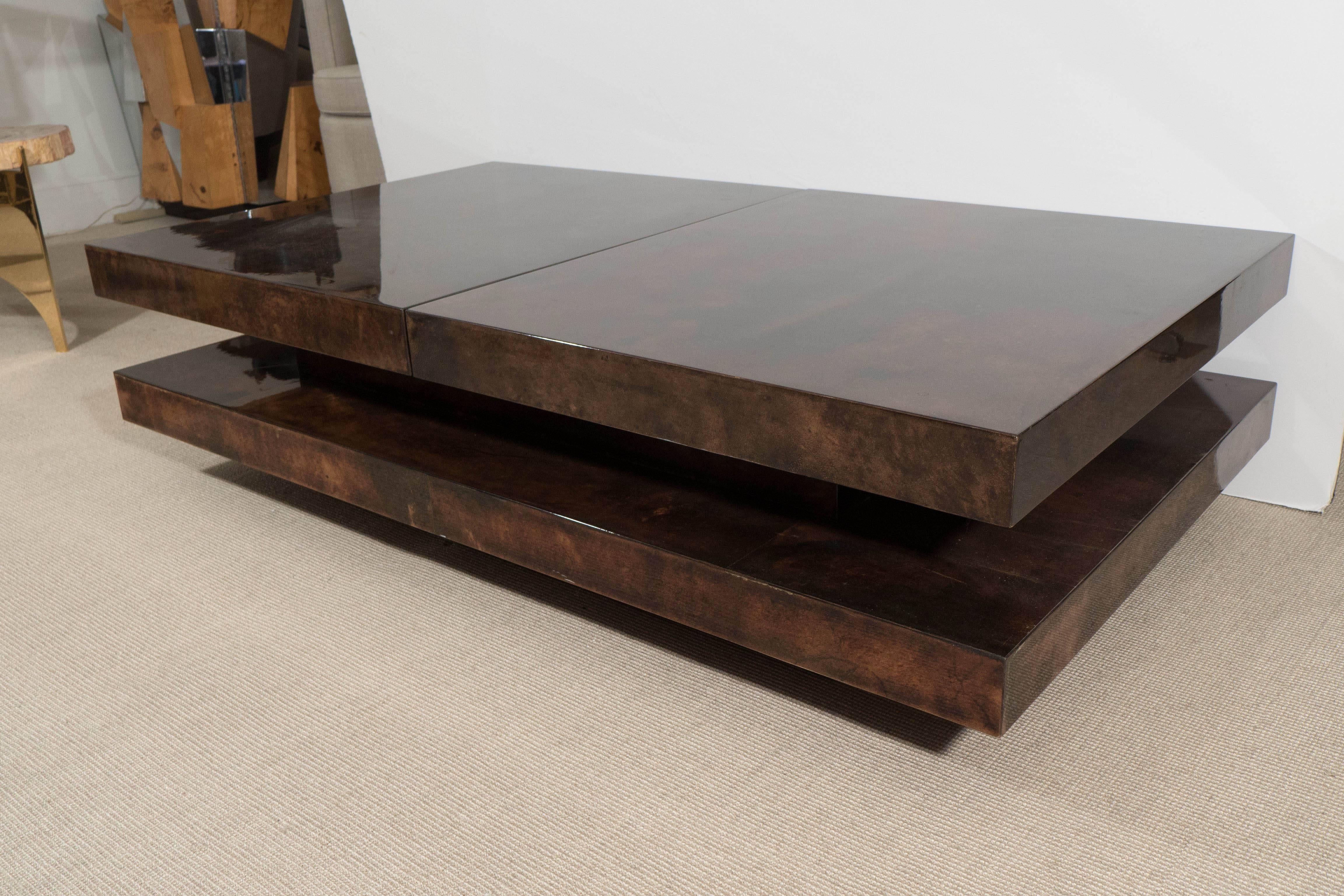 Aldo Tura Cognac Bi-Level Coffee Table with Mirrored Compartment, Italy, 1960s In Excellent Condition In New York, NY