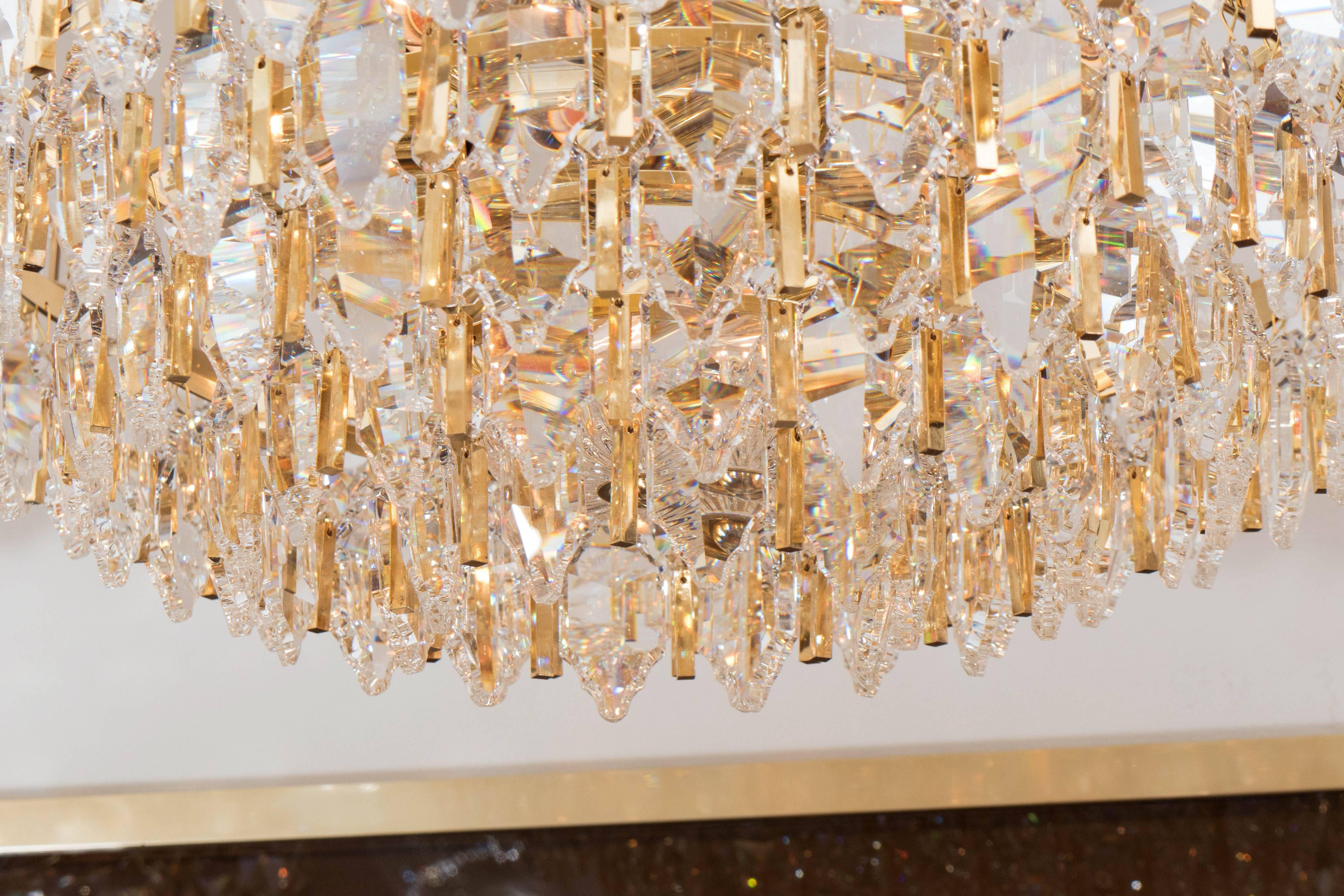 Late 20th Century Tiered Brass and Crystal Chandelier