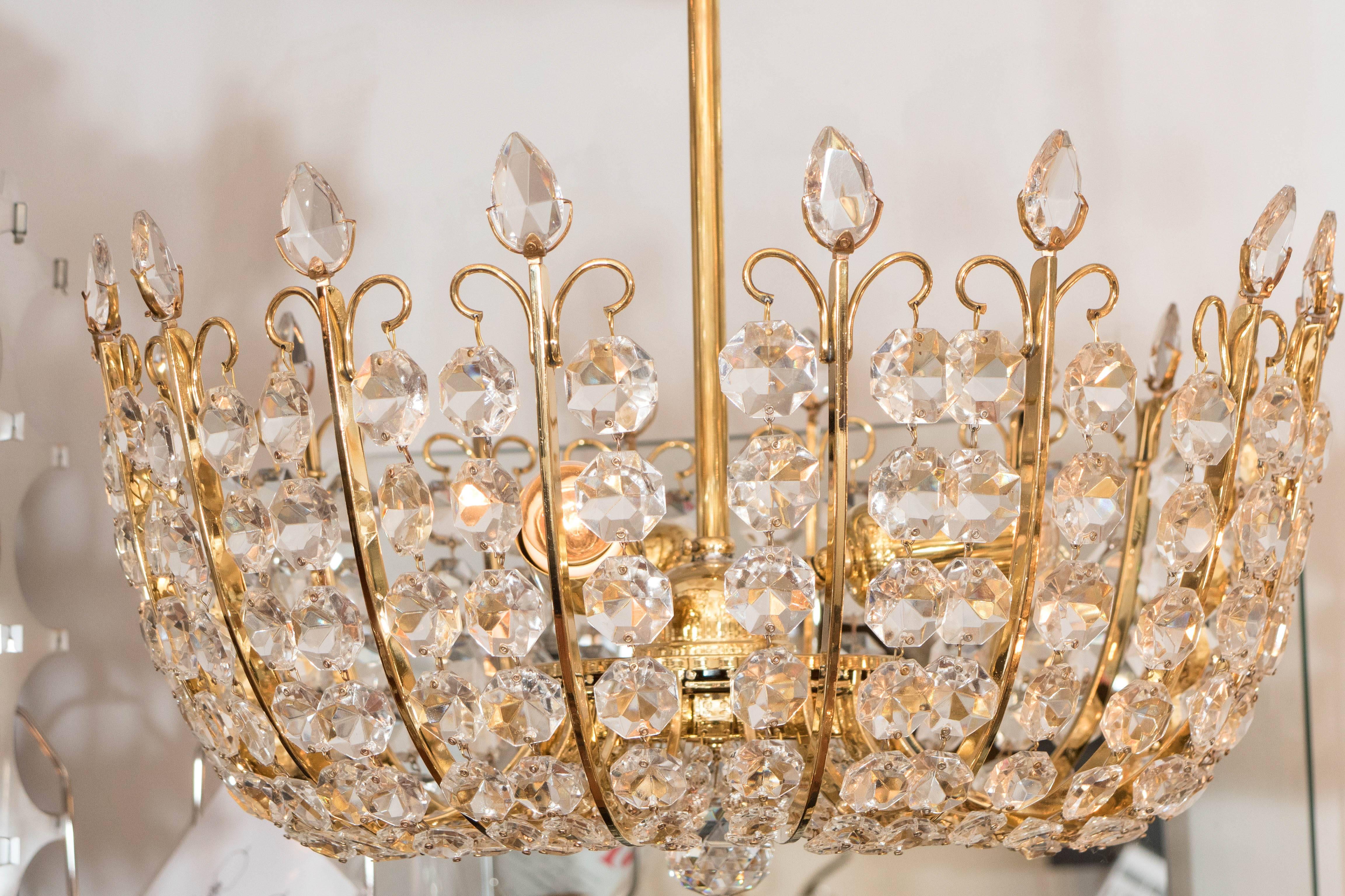 Mid-20th Century Brass and Crystal Element Chandelier