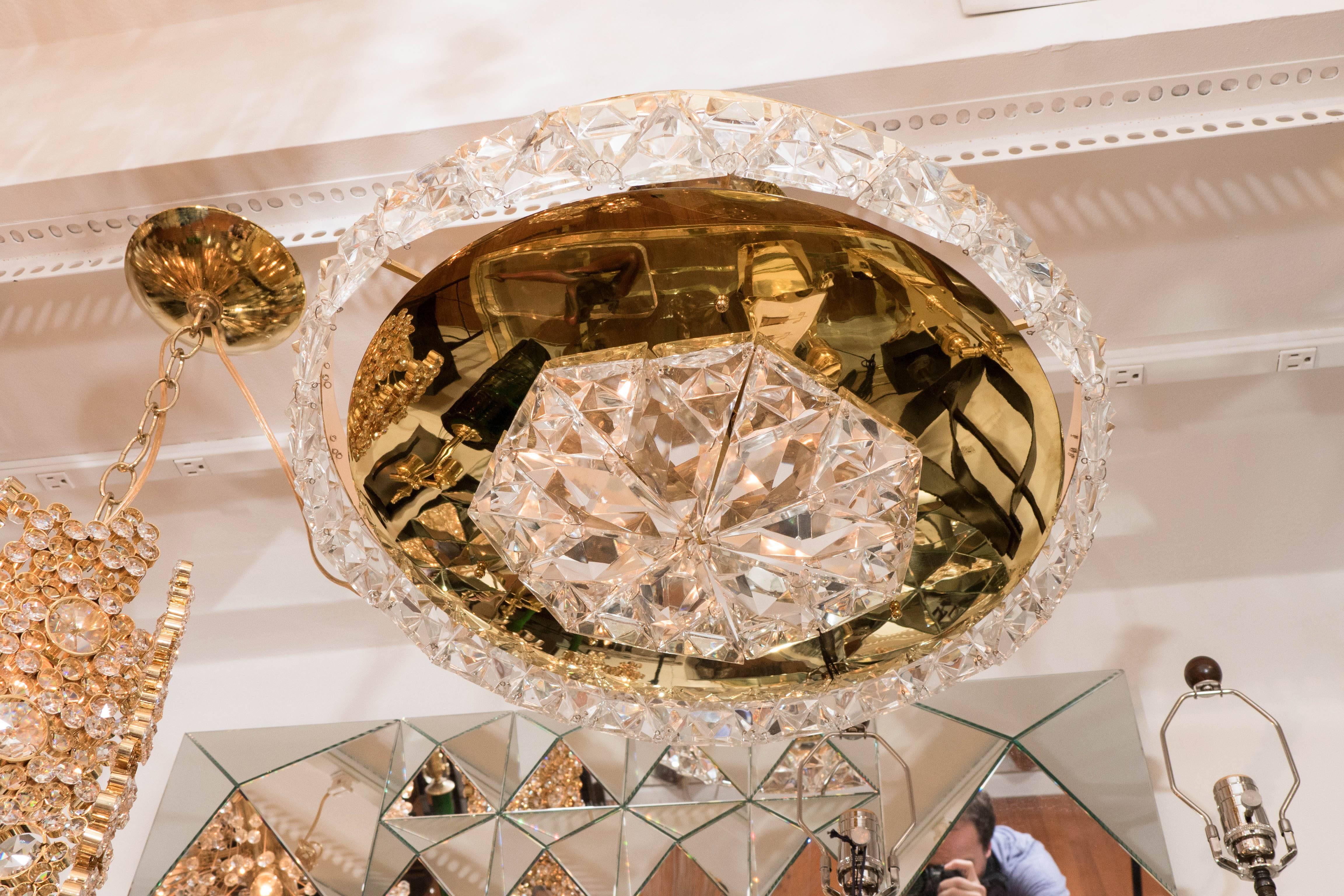Round Polished Brass Ceiling Fixture with Facet Cut Crystal Surround In Good Condition In New York, NY