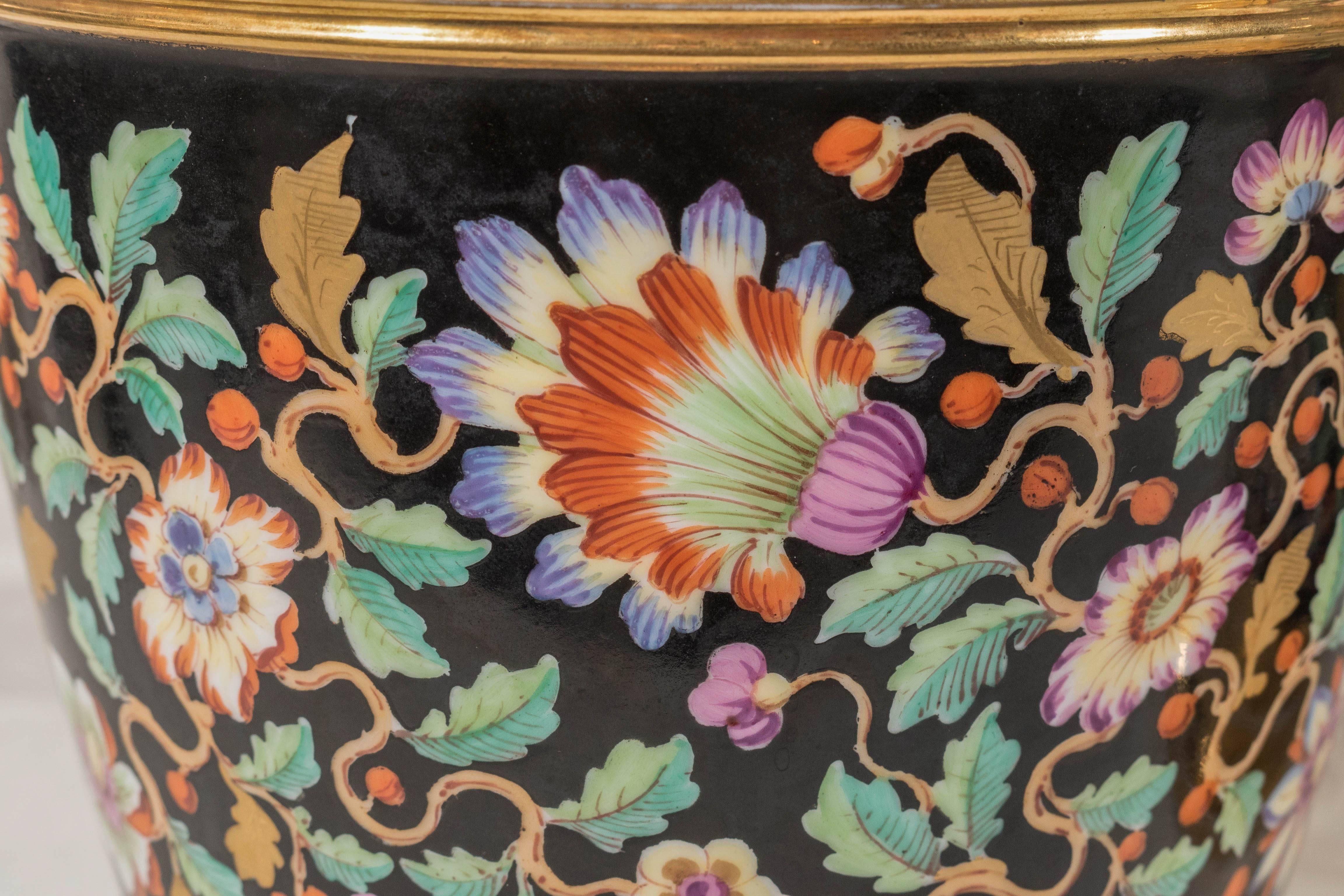 Antique French Porcelain Cache Pots Painted with Flowers on Black Ground In Excellent Condition In Katonah, NY