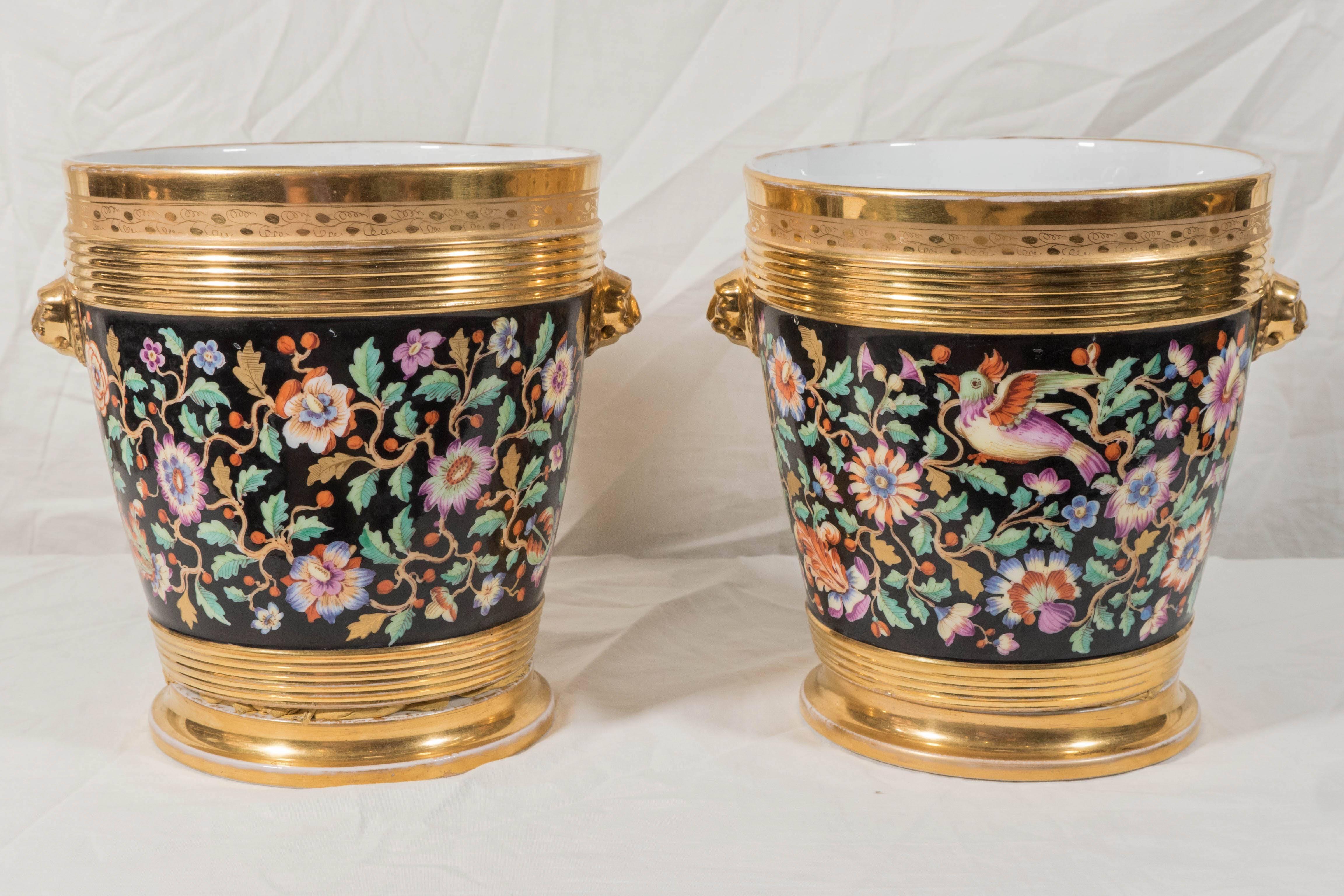 Antique French Porcelain Cache Pots Painted with Flowers on Black Ground 4