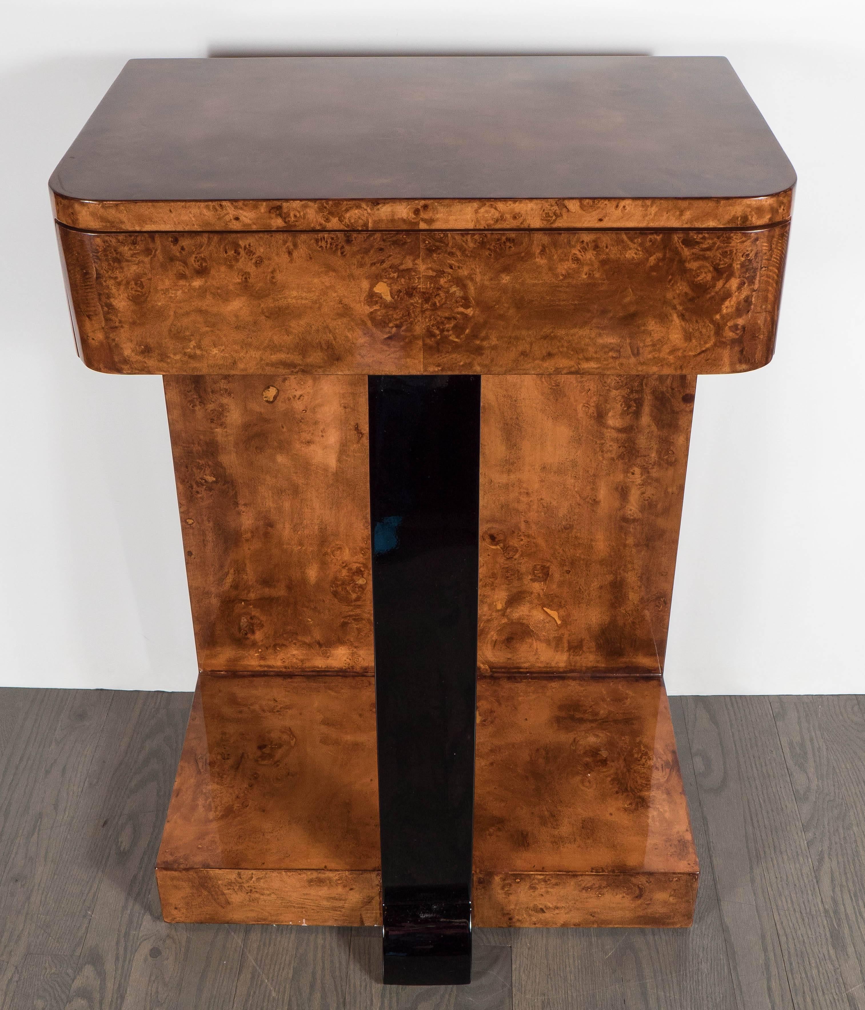 Lacquered Elegant Bookmatched Burled Carpathian Elm Side Table with Drawer