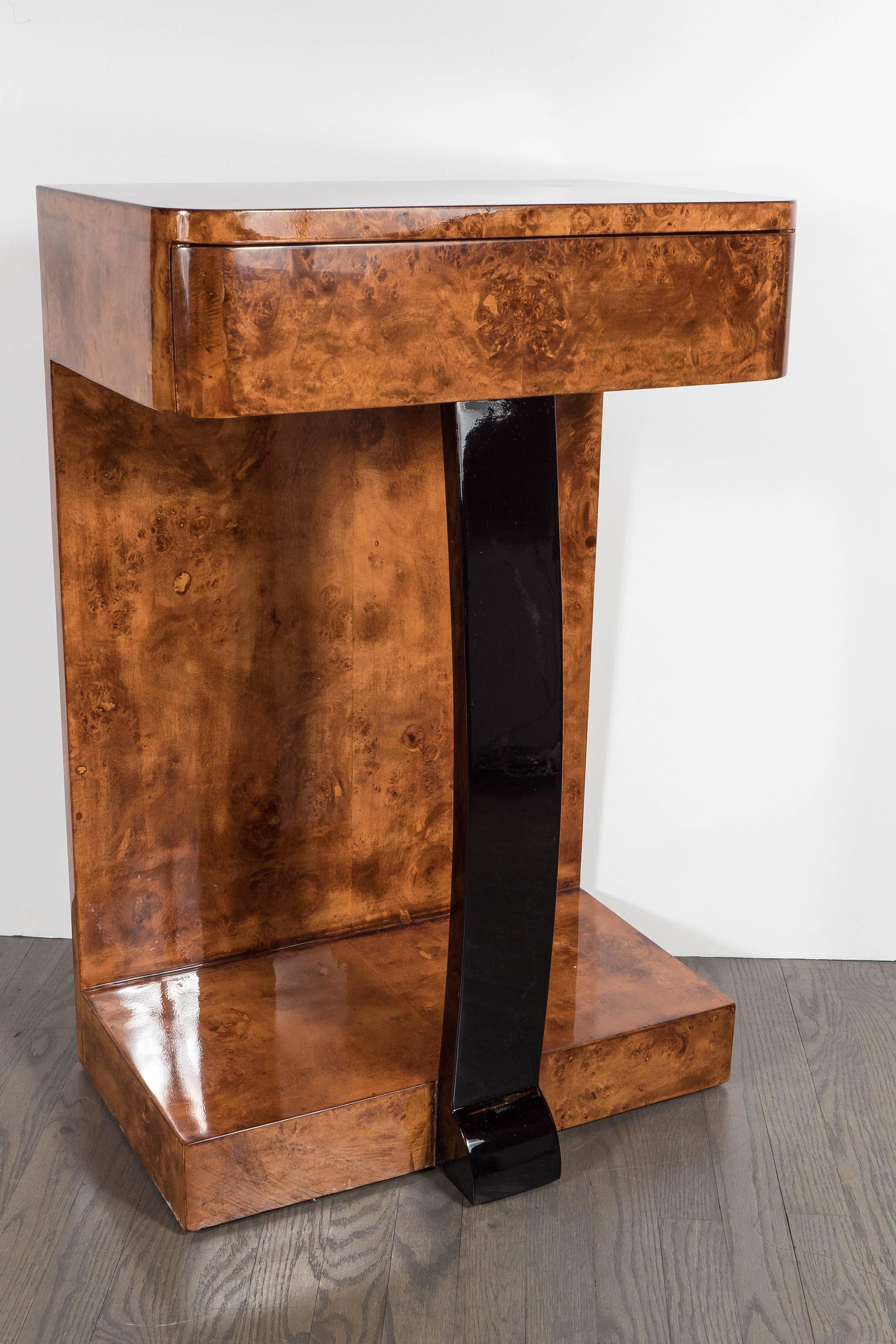 Elegant Bookmatched Burled Carpathian Elm Side Table with Drawer In Excellent Condition In New York, NY