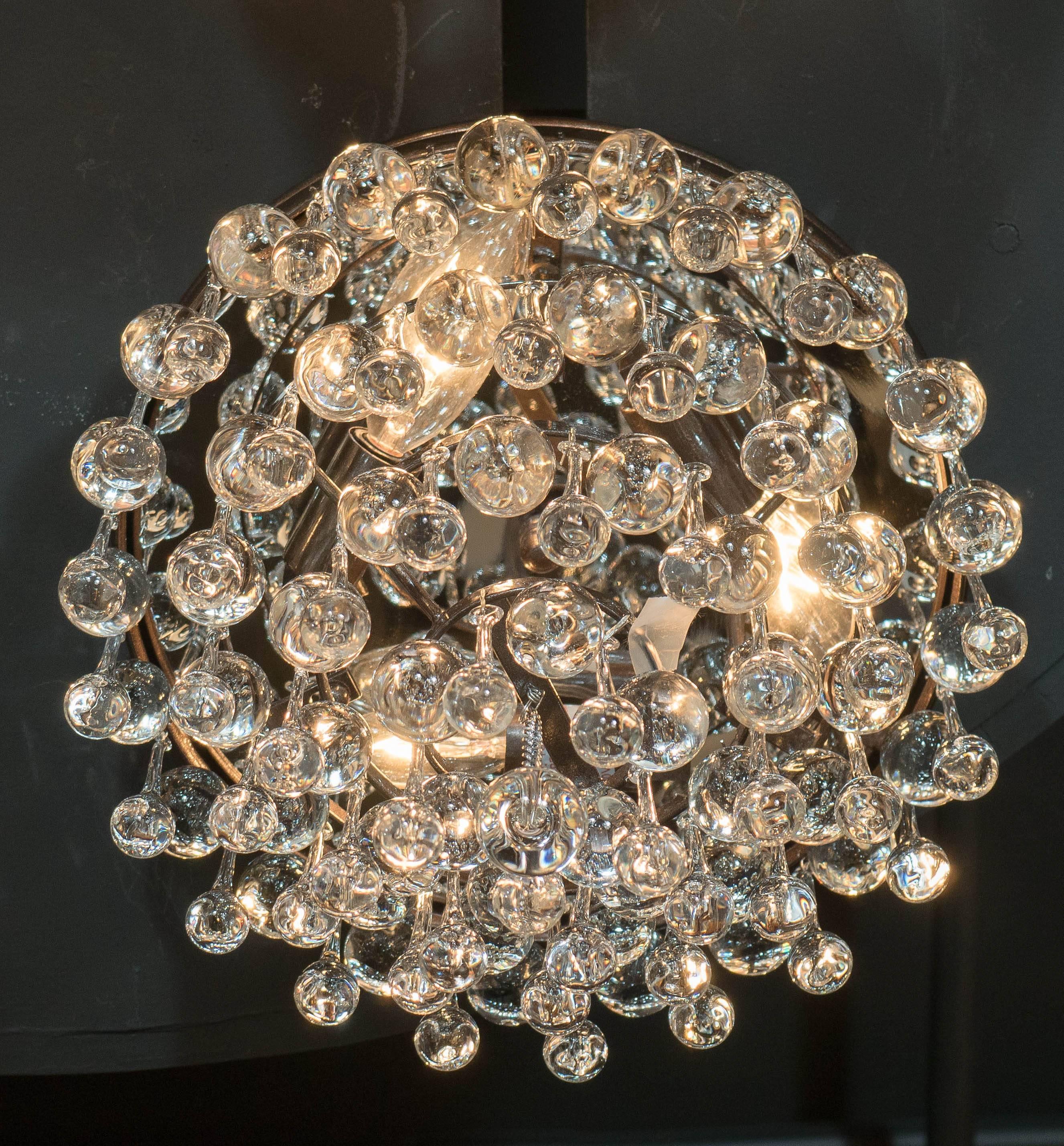 Hollywood Teardrop and Crystal Ball Chandelier with Chrome and Handblown Glass In Excellent Condition In New York, NY
