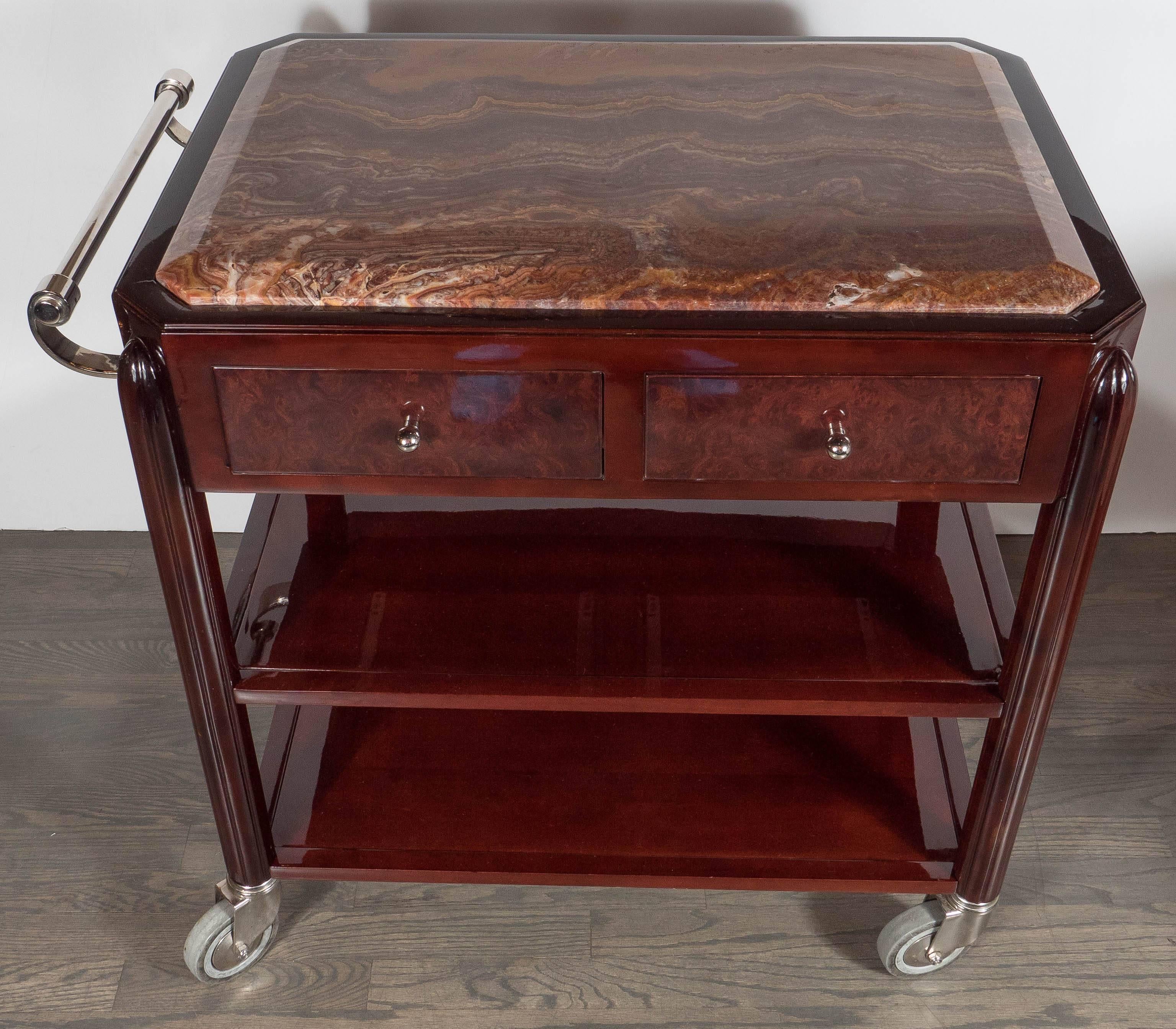 Stunning Art Deco Bar Cart in Mahogany and Exotic Onyx with Nickel Fittings In Excellent Condition In New York, NY