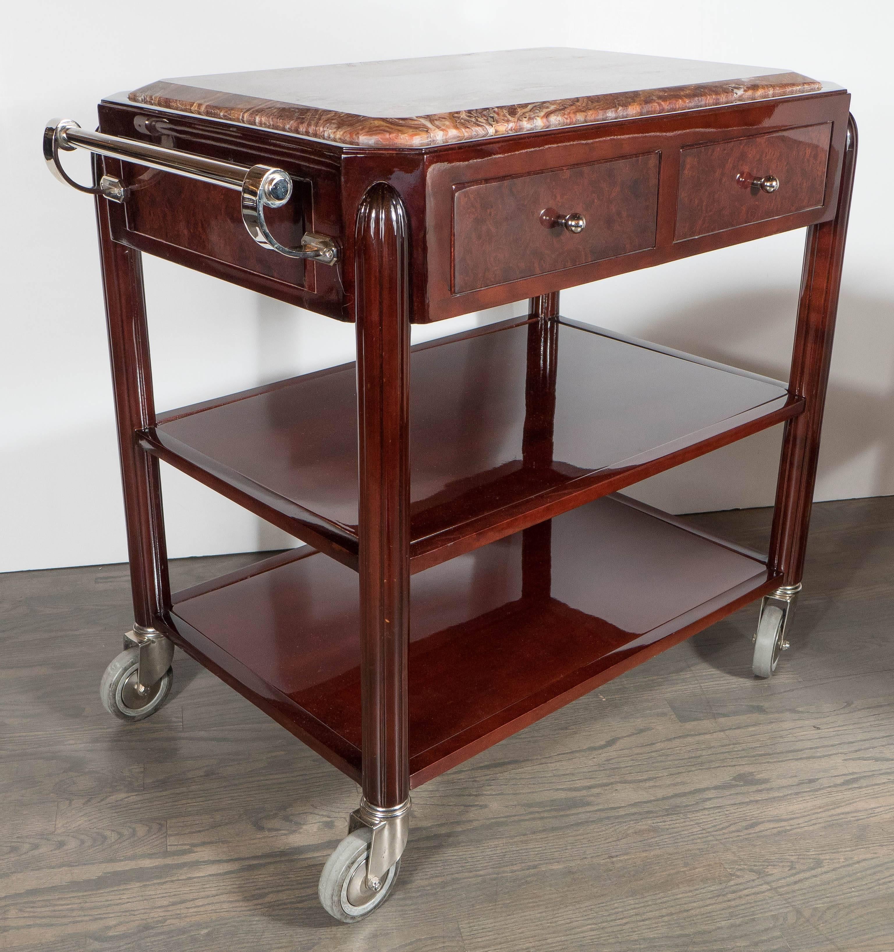 Stunning Art Deco Bar Cart in Mahogany and Exotic Onyx with Nickel Fittings 2