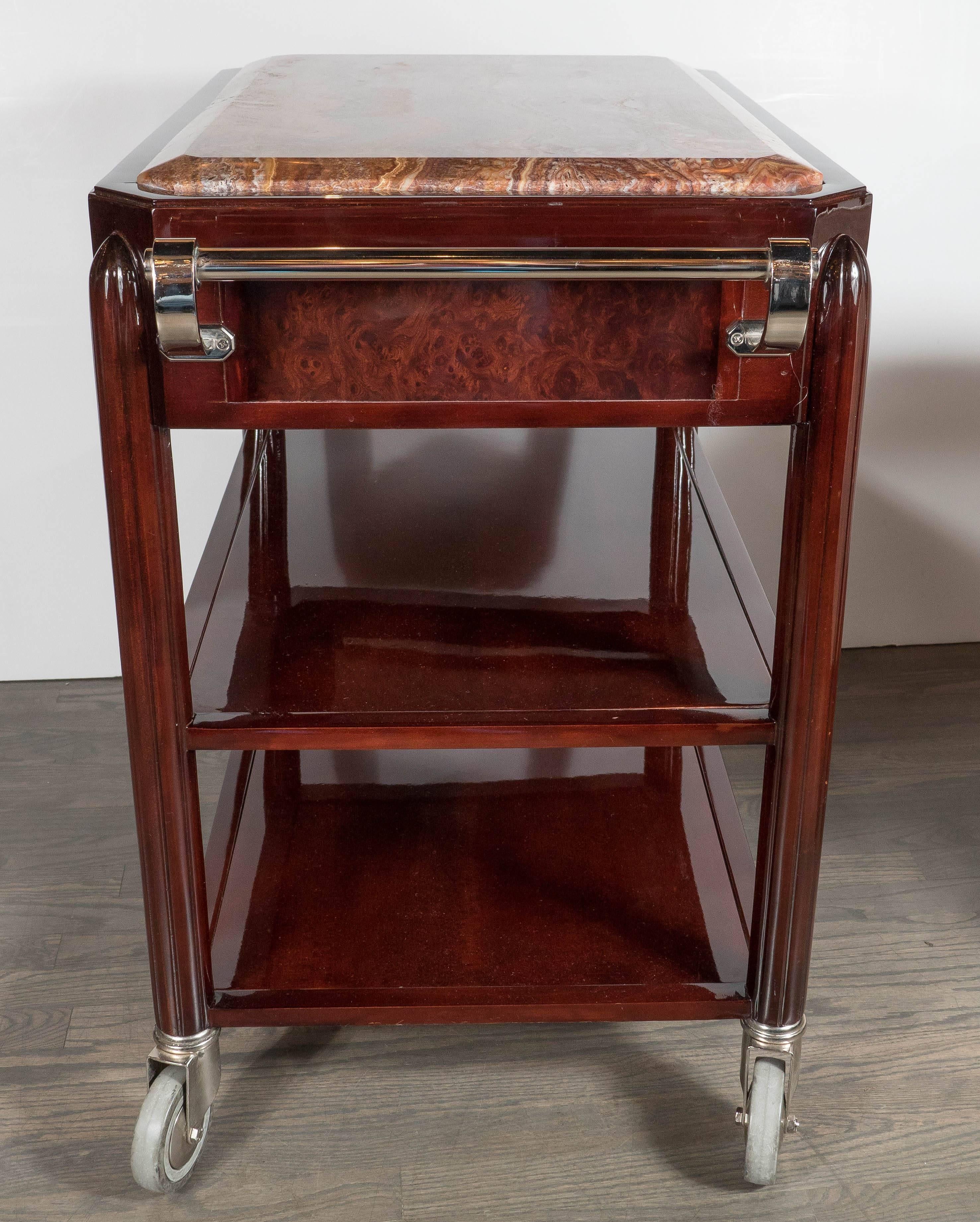 Stunning Art Deco Bar Cart in Mahogany and Exotic Onyx with Nickel Fittings 3