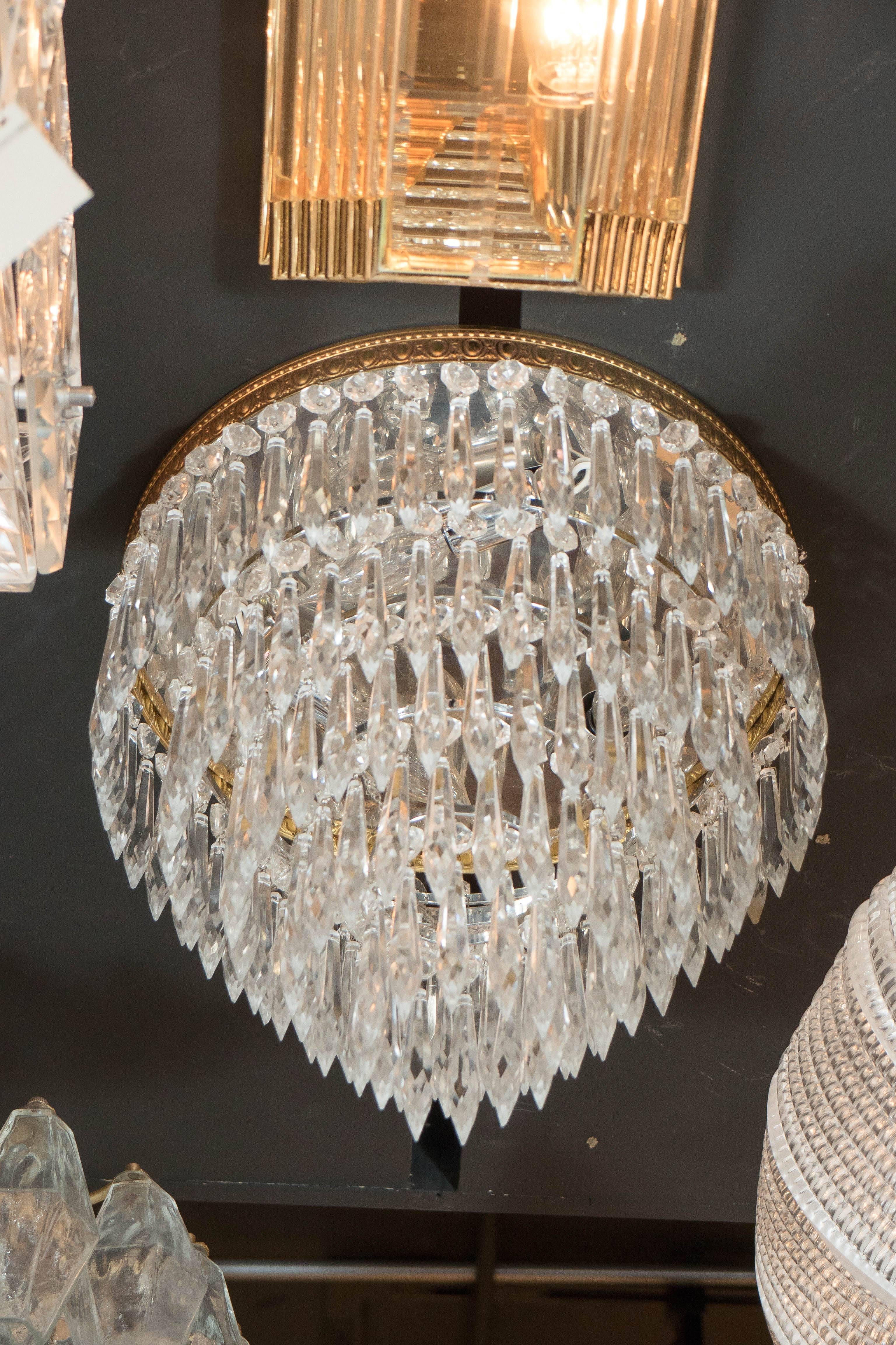 Hollywood Regency 1940's Hollywood Cut Crystal and Brass Five-Tiered Flush Mount Chandelier