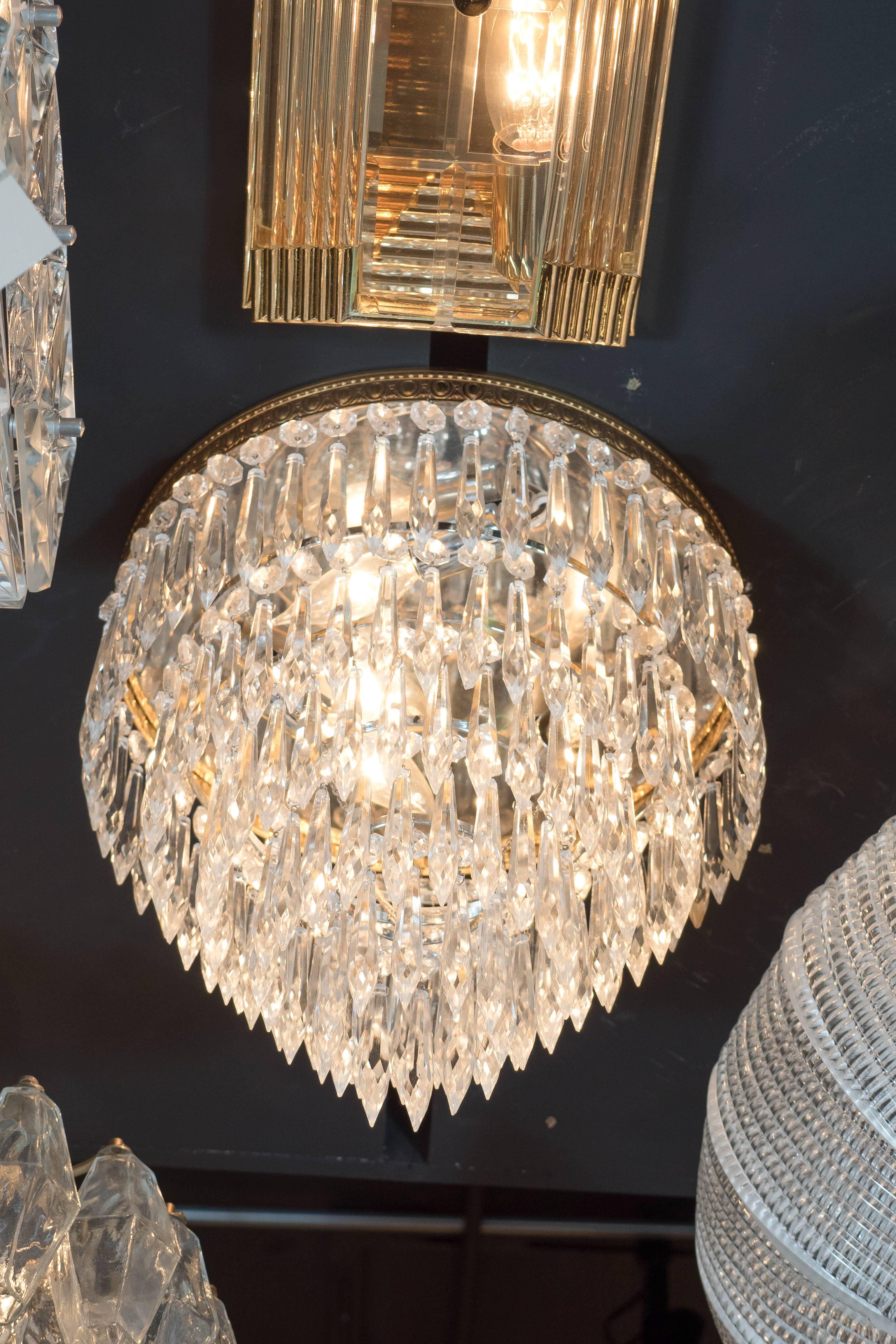 American 1940's Hollywood Cut Crystal and Brass Five-Tiered Flush Mount Chandelier