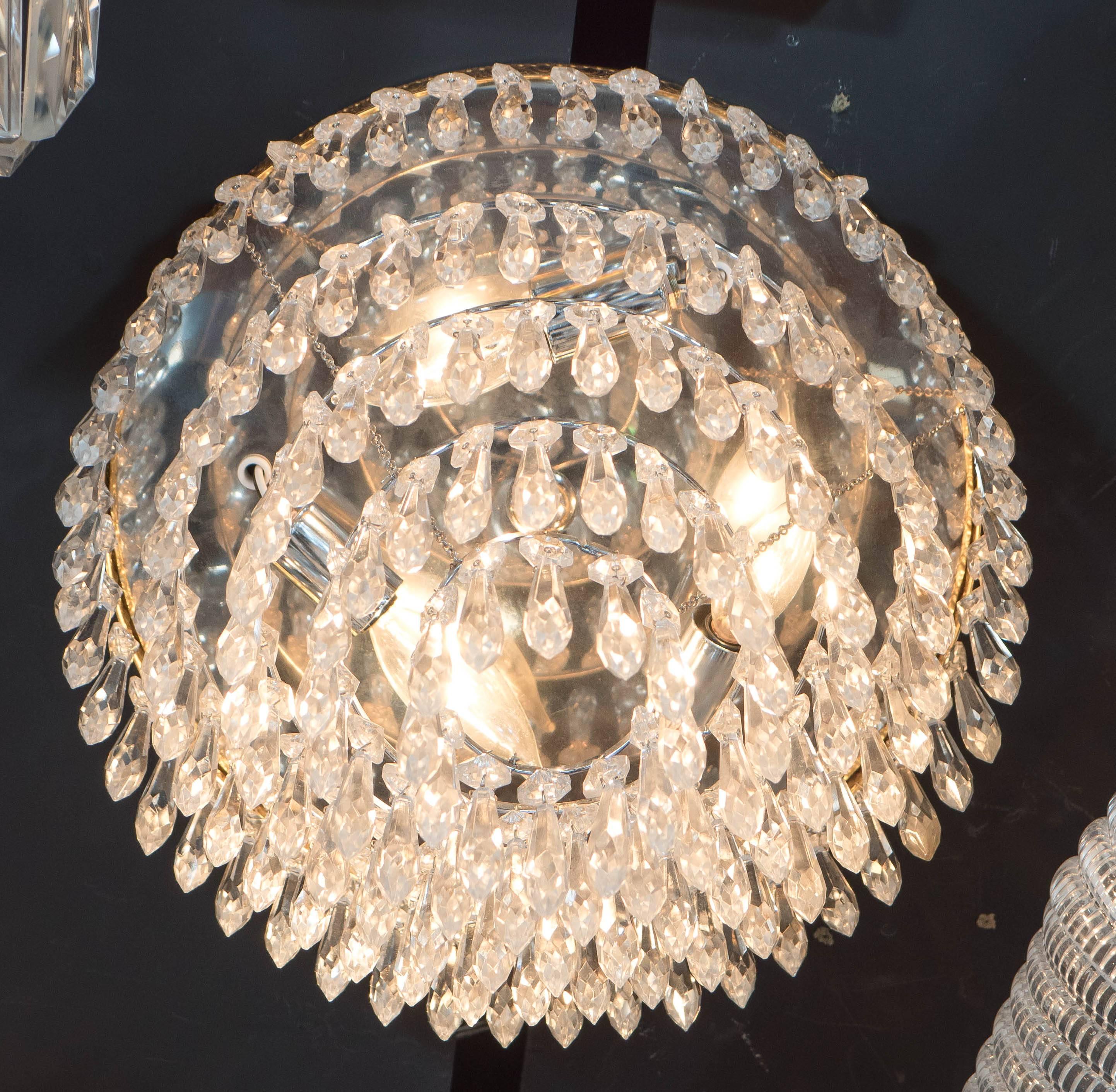 1940's Hollywood Cut Crystal and Brass Five-Tiered Flush Mount Chandelier In Excellent Condition In New York, NY