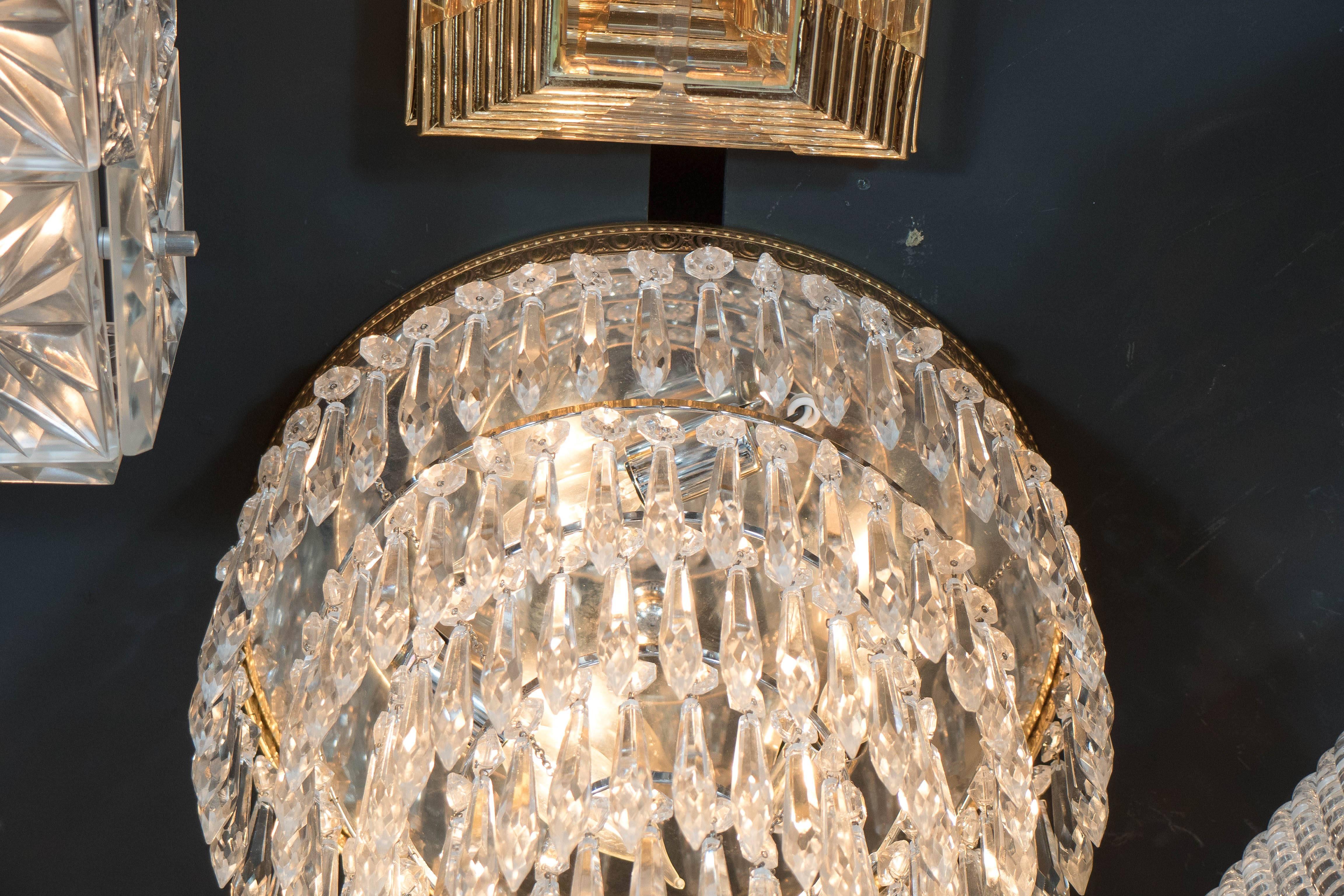 Mid-20th Century 1940's Hollywood Cut Crystal and Brass Five-Tiered Flush Mount Chandelier