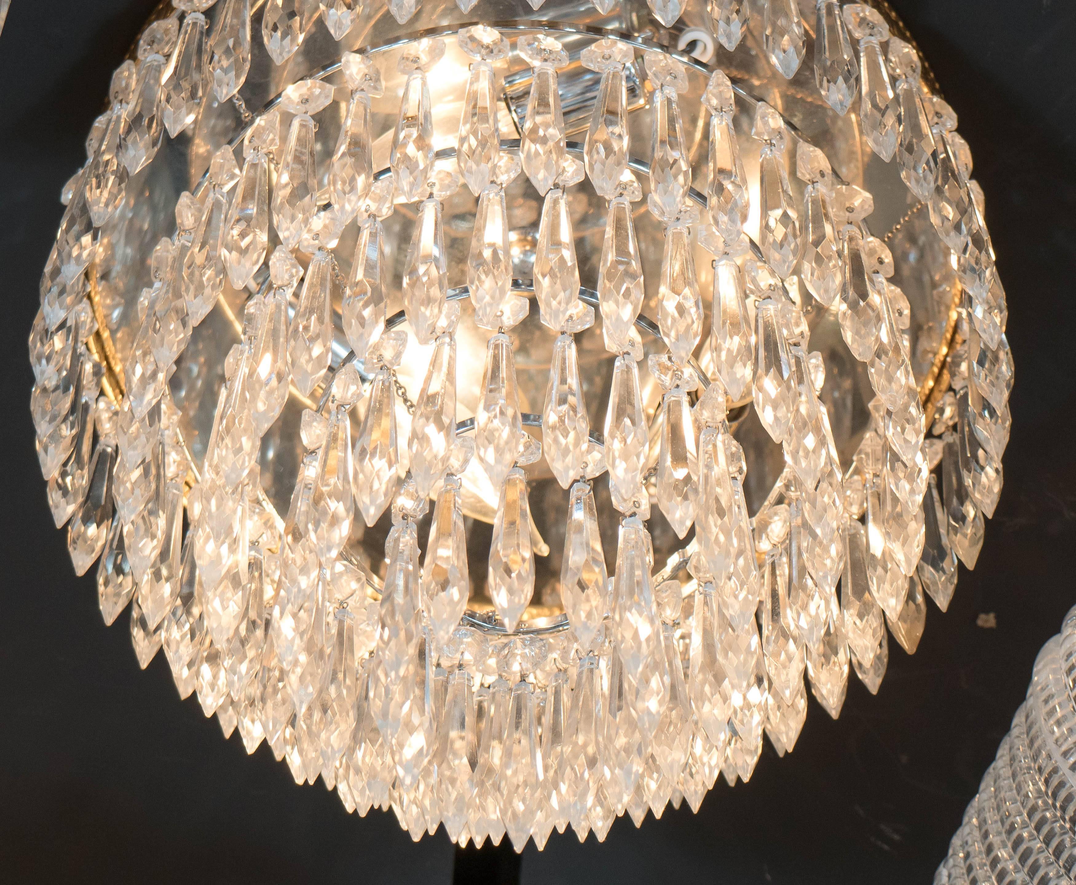 1940's Hollywood Cut Crystal and Brass Five-Tiered Flush Mount Chandelier 1