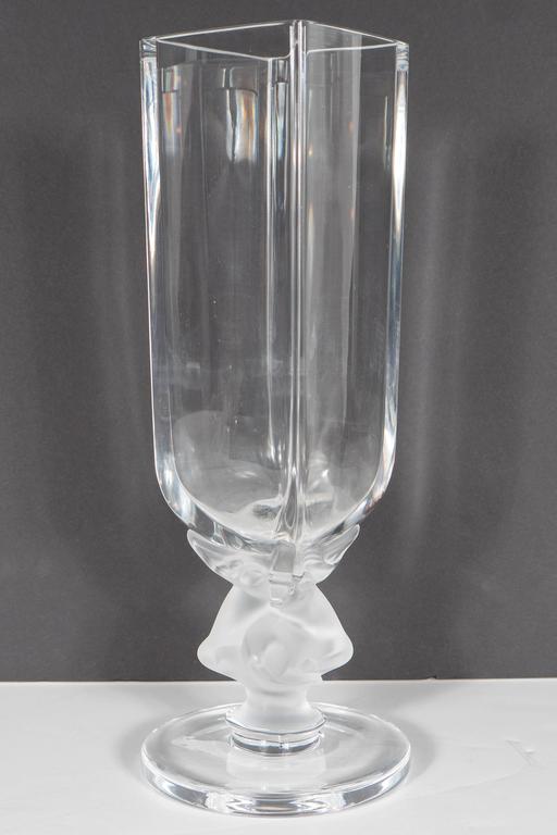 French Exquisite Art Deco Style Lalique Crystal Vase with Reclining Deer Detail For Sale