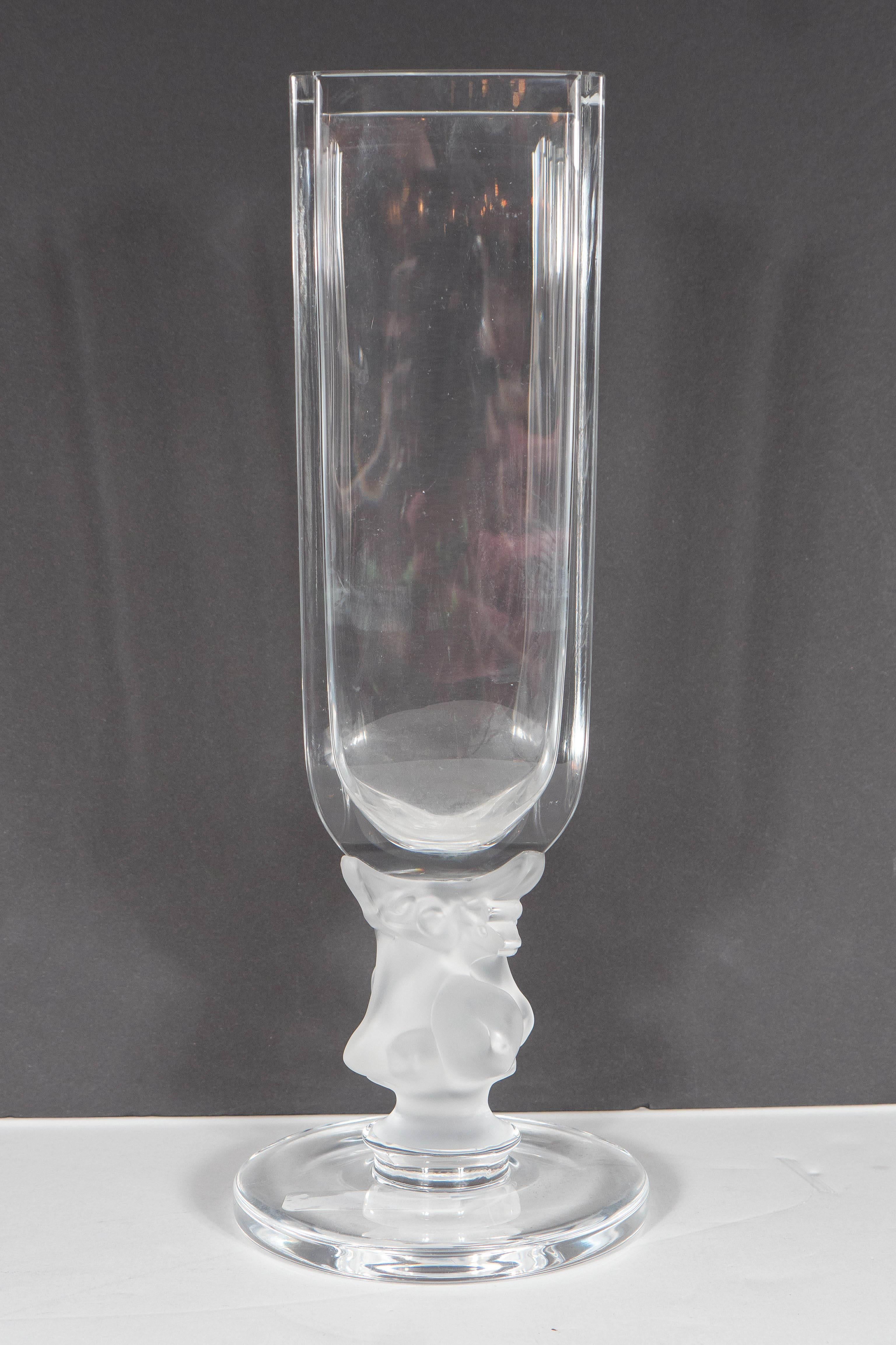 French Exquisite Art Deco Style Lalique Crystal Vase with Reclining Deer Detail