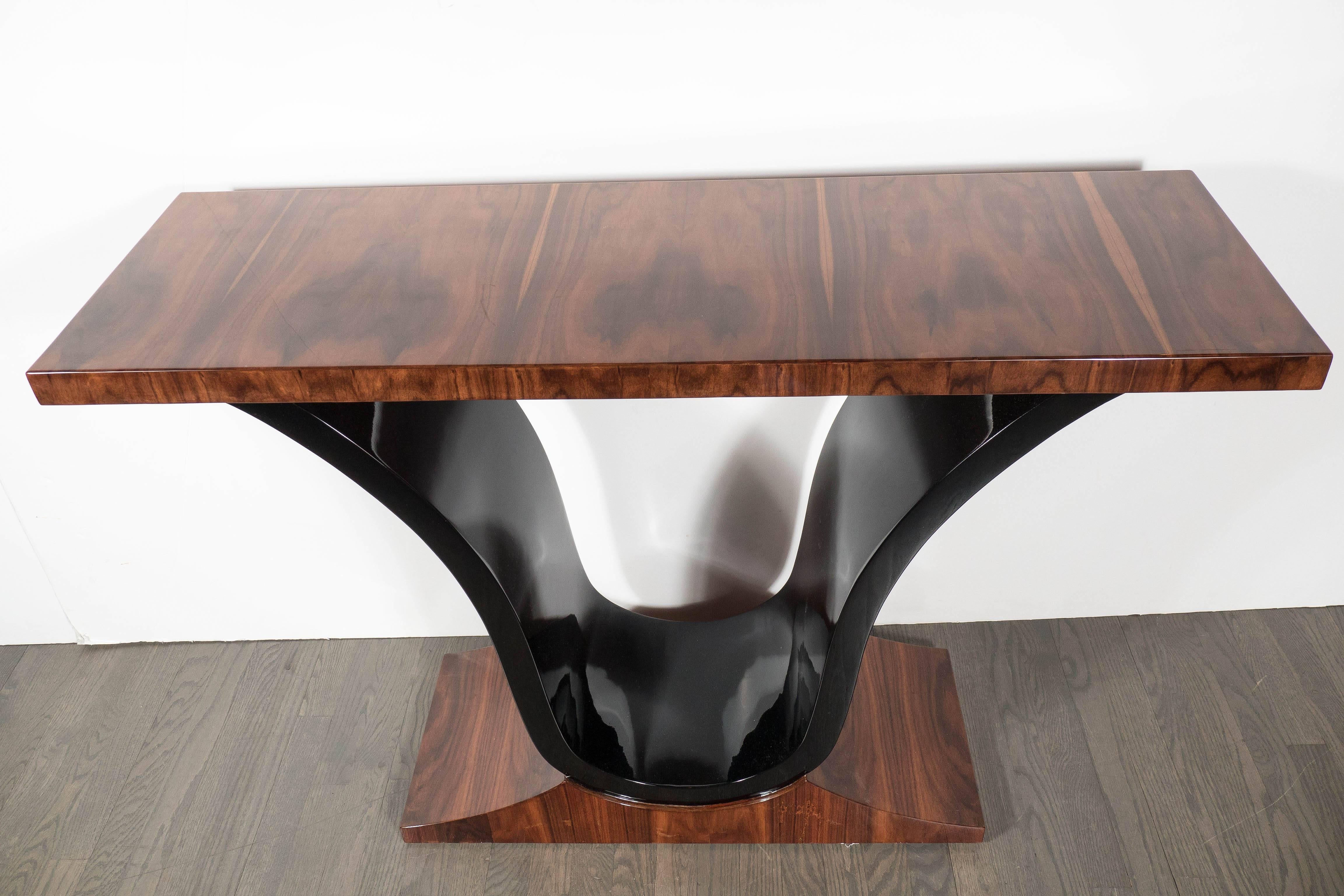 Art Deco Scroll Form Console Table in Exotic Rosewood and Black Lacquer In Excellent Condition In New York, NY