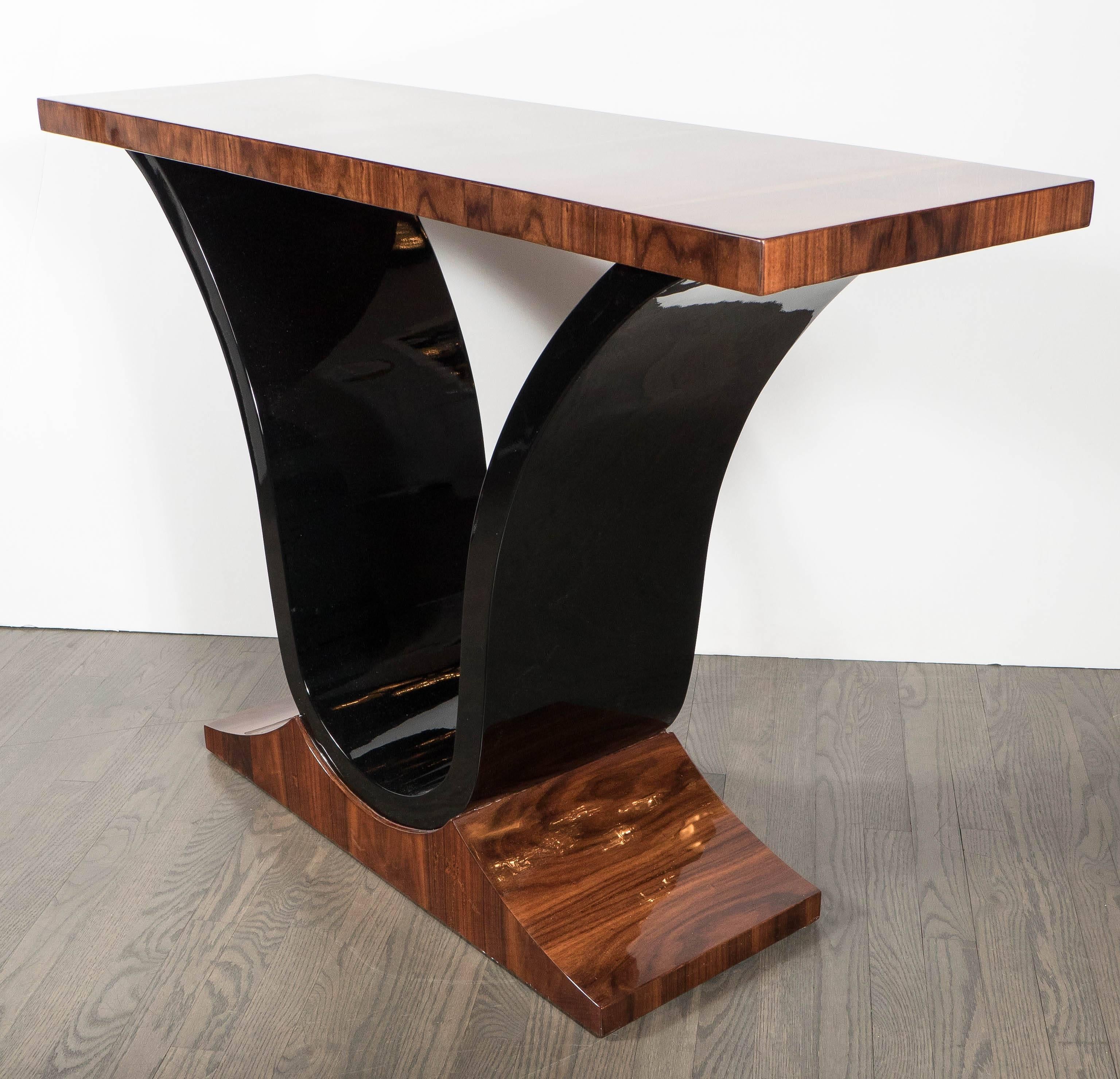 Mid-20th Century Art Deco Scroll Form Console Table in Exotic Rosewood and Black Lacquer
