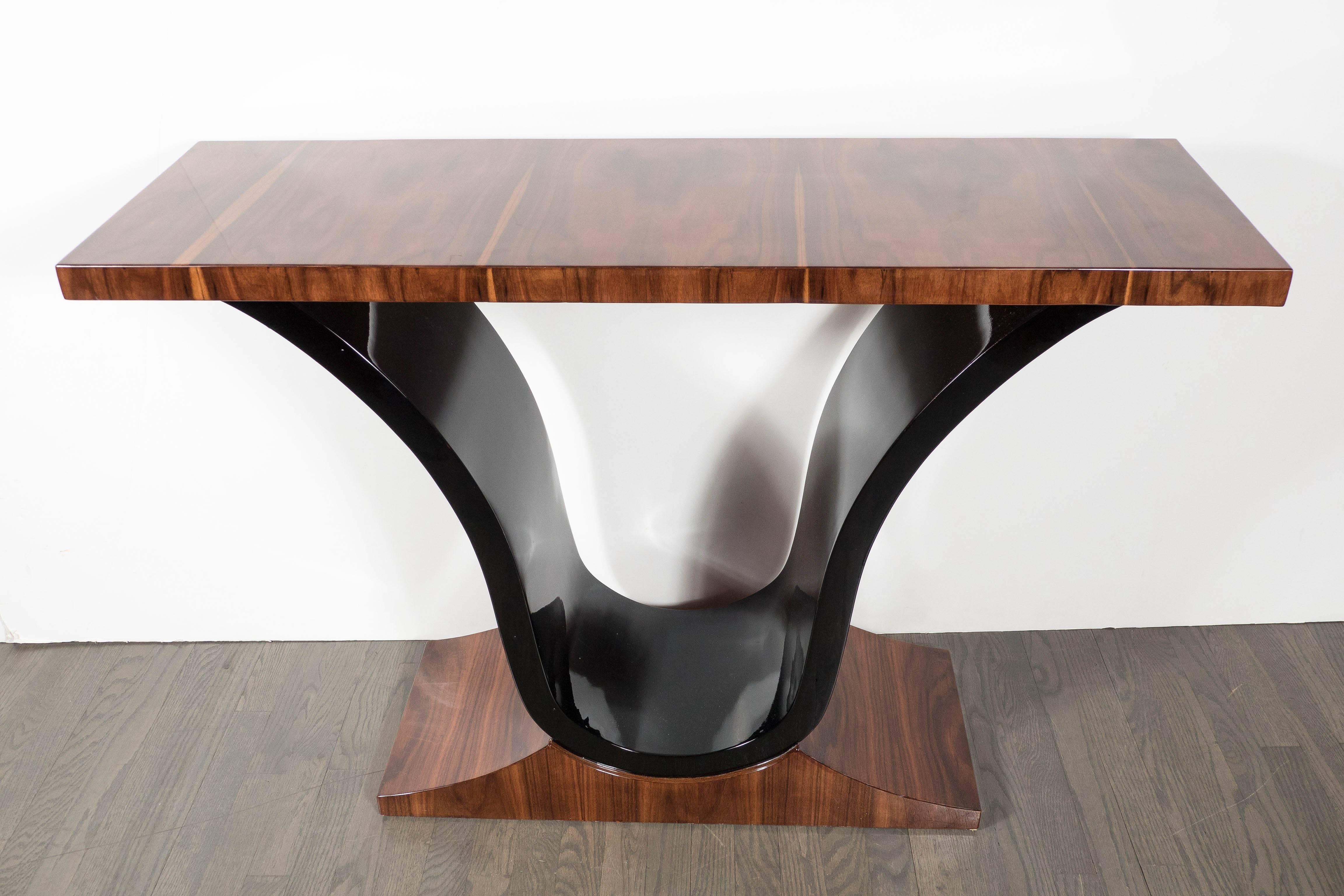 Art Deco Scroll Form Console Table in Exotic Rosewood and Black Lacquer 5
