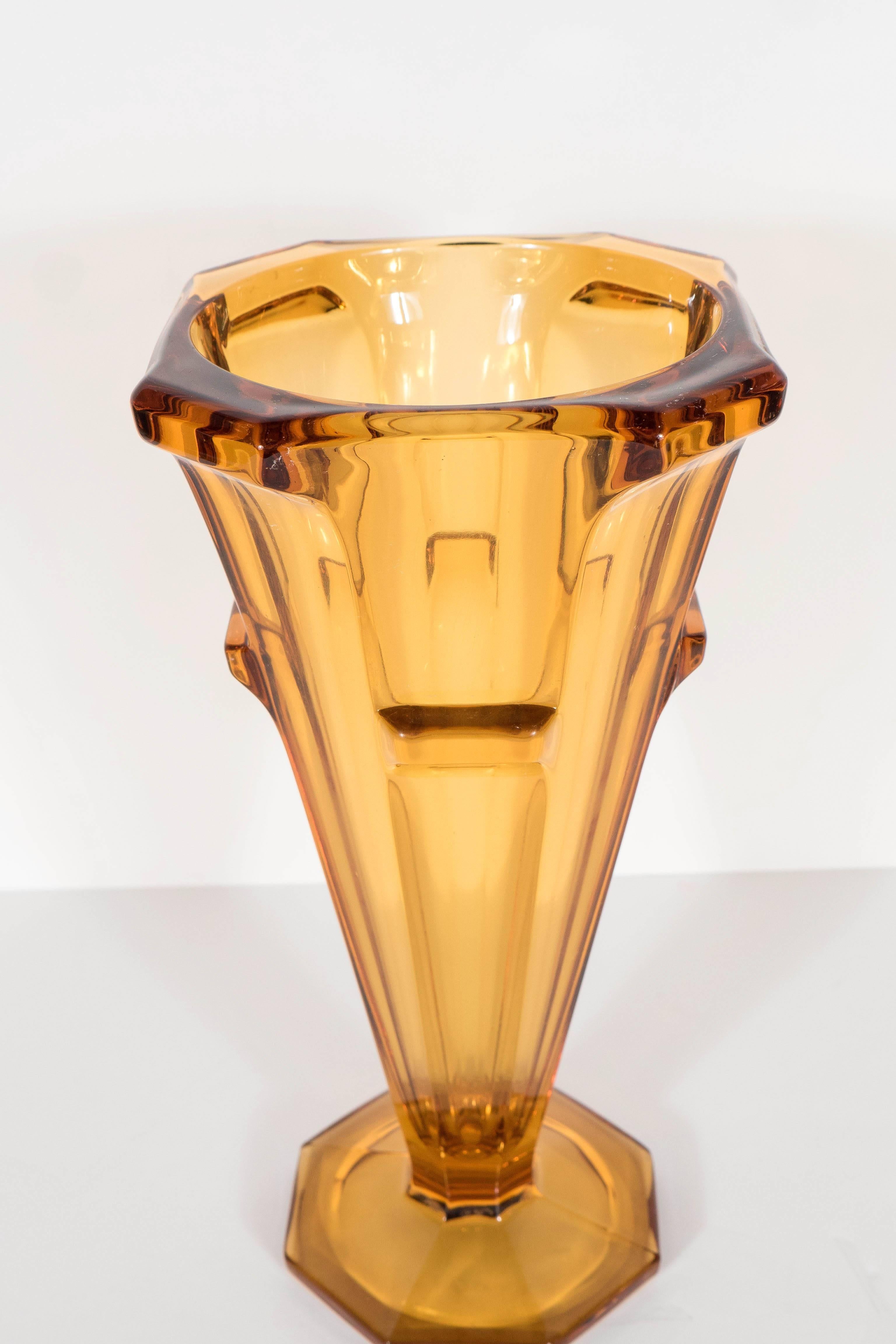 American Art Deco Skyscraper Style Amber Molded Glass Vase
