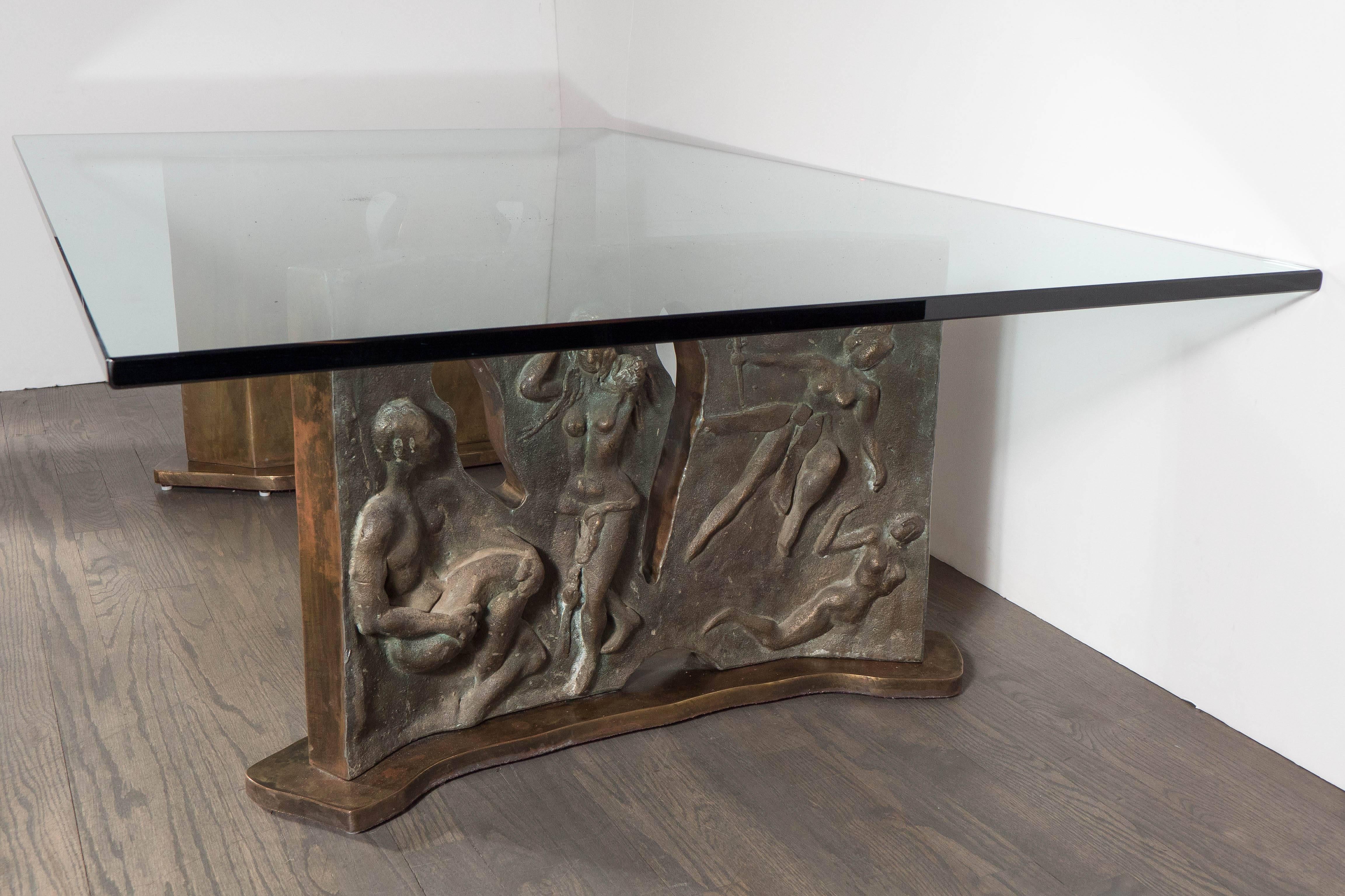 American Sculptural Figurative Bronze Cocktail Table, Signed Philip and Kelvin LaVerne