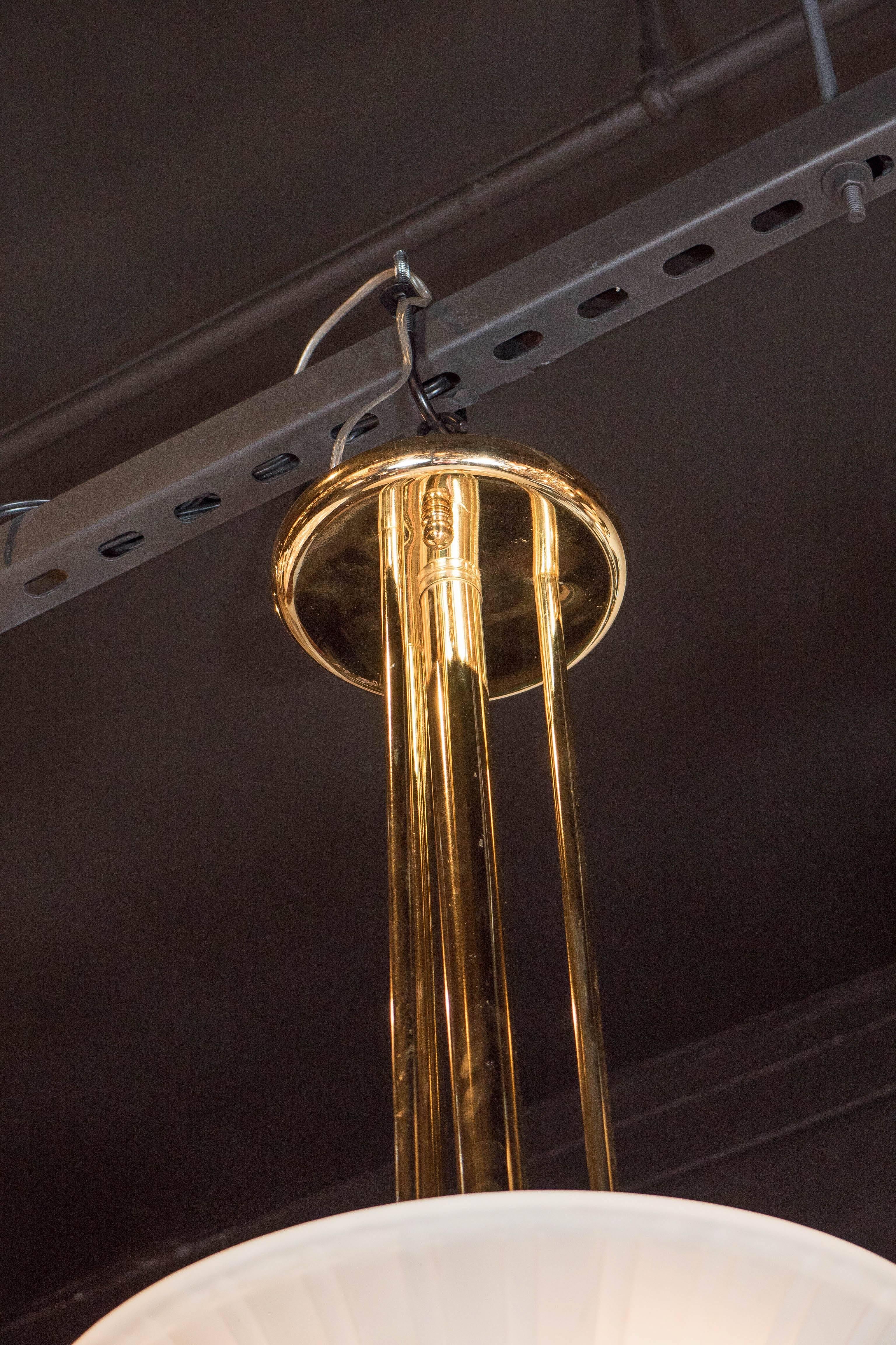 French Elegant Art-Deco Frosted Fluted Glass Dome Pendant with Polished Brass Fittings For Sale