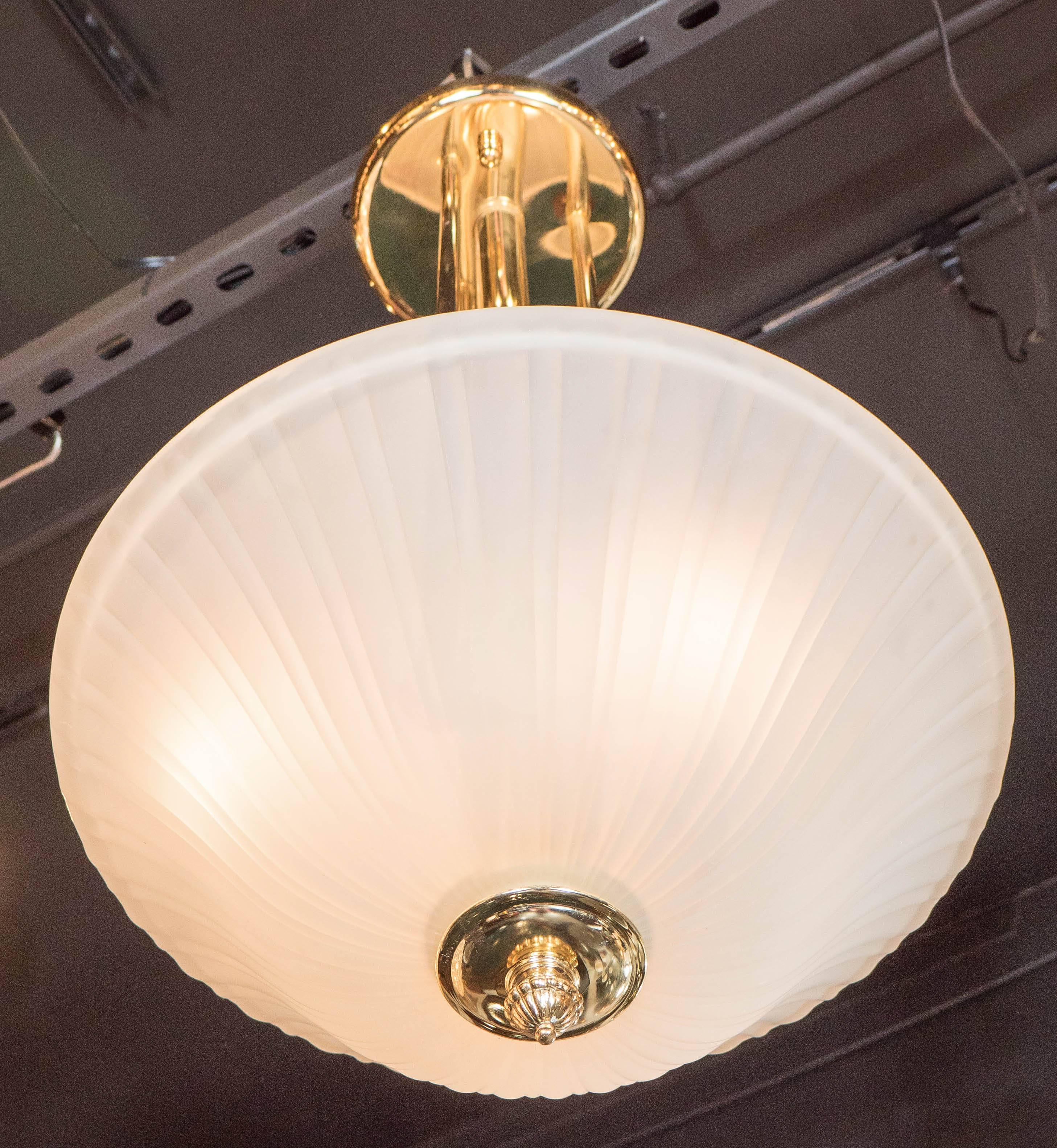 Elegant Art-Deco Frosted Fluted Glass Dome Pendant with Polished Brass Fittings In Excellent Condition For Sale In New York, NY