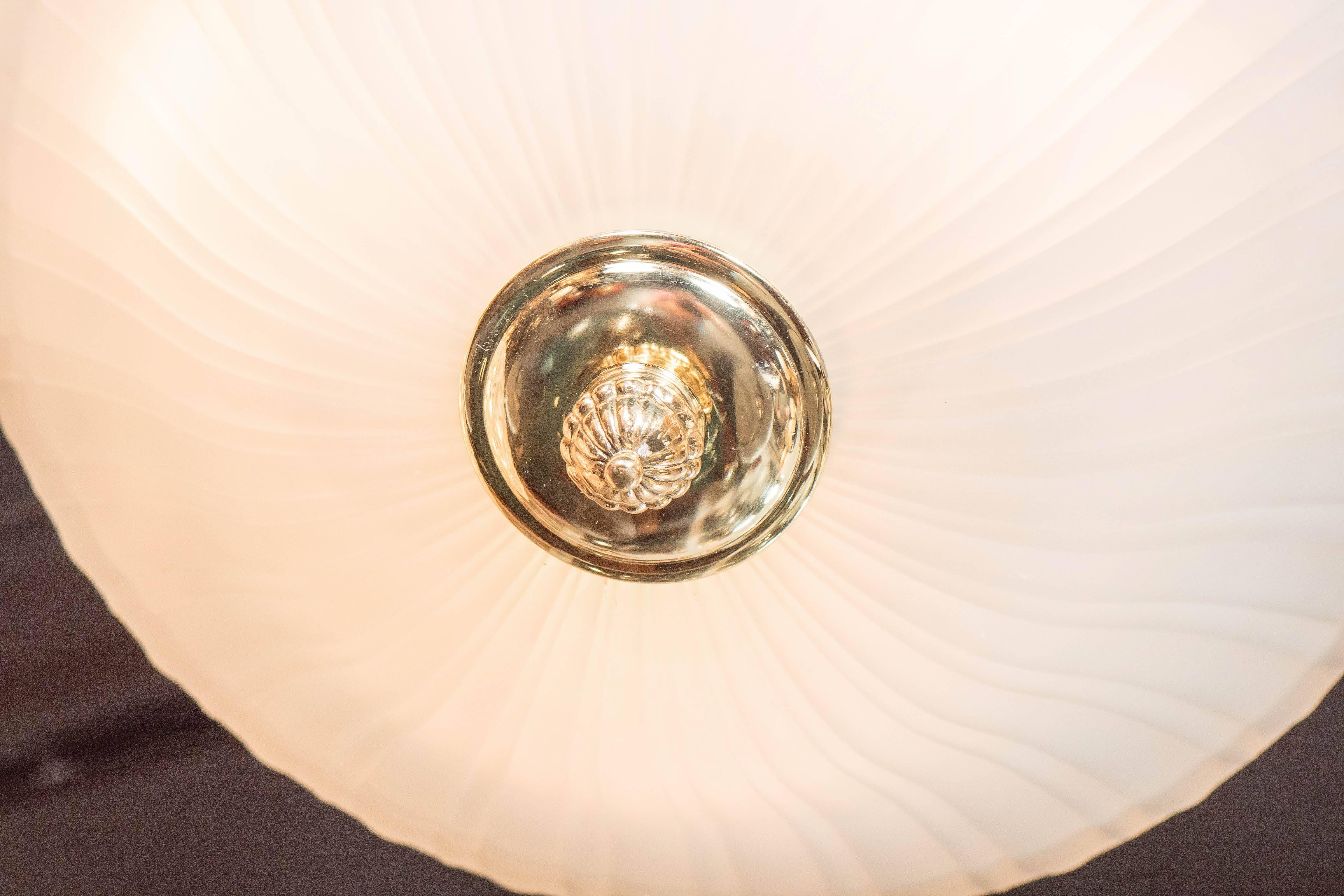 Elegant Art-Deco Frosted Fluted Glass Dome Pendant with Polished Brass Fittings For Sale 1