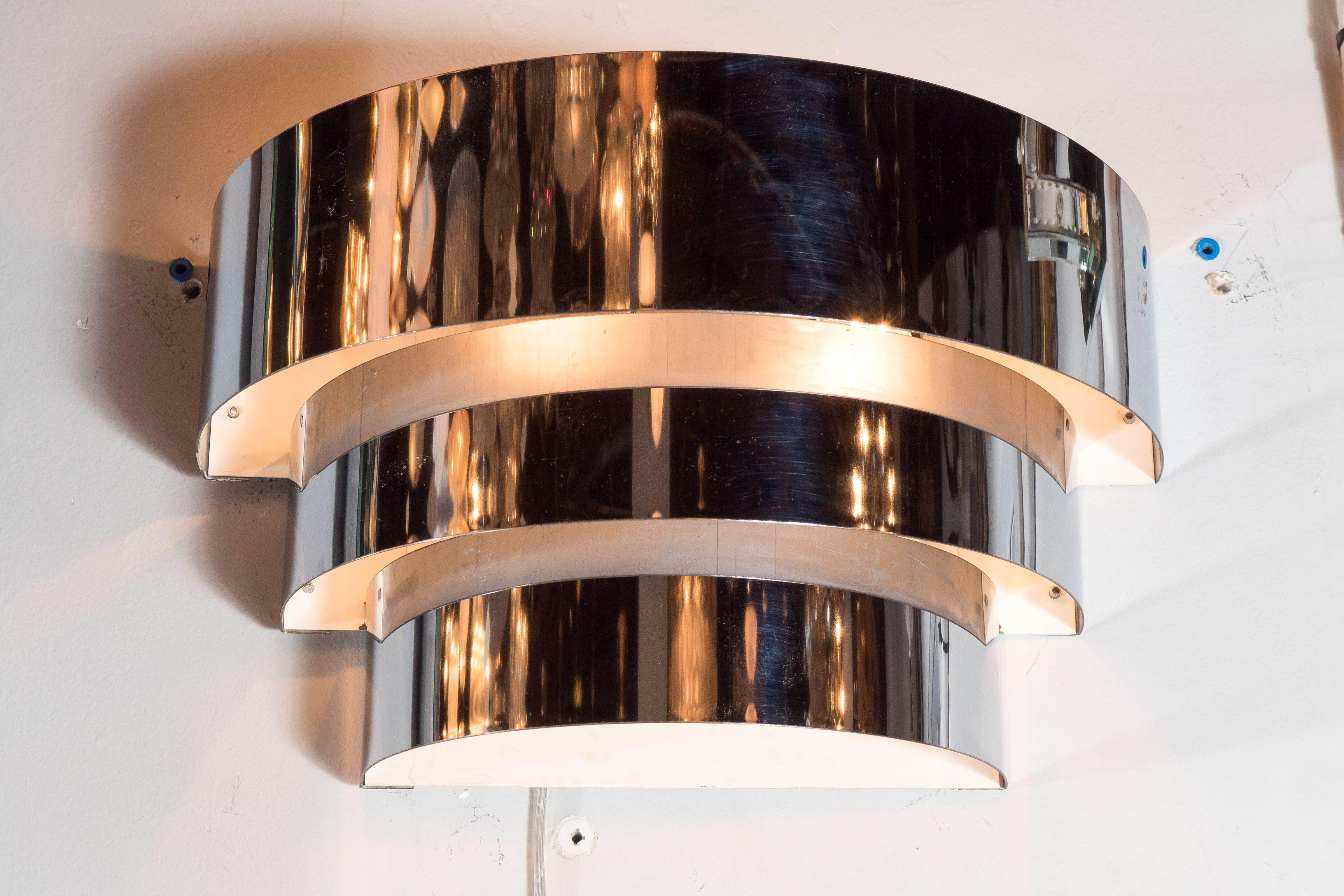 Late 20th Century Art Deco Skyscraper Style Three-Tiered Chrome Banded Sconce, Set of Eight