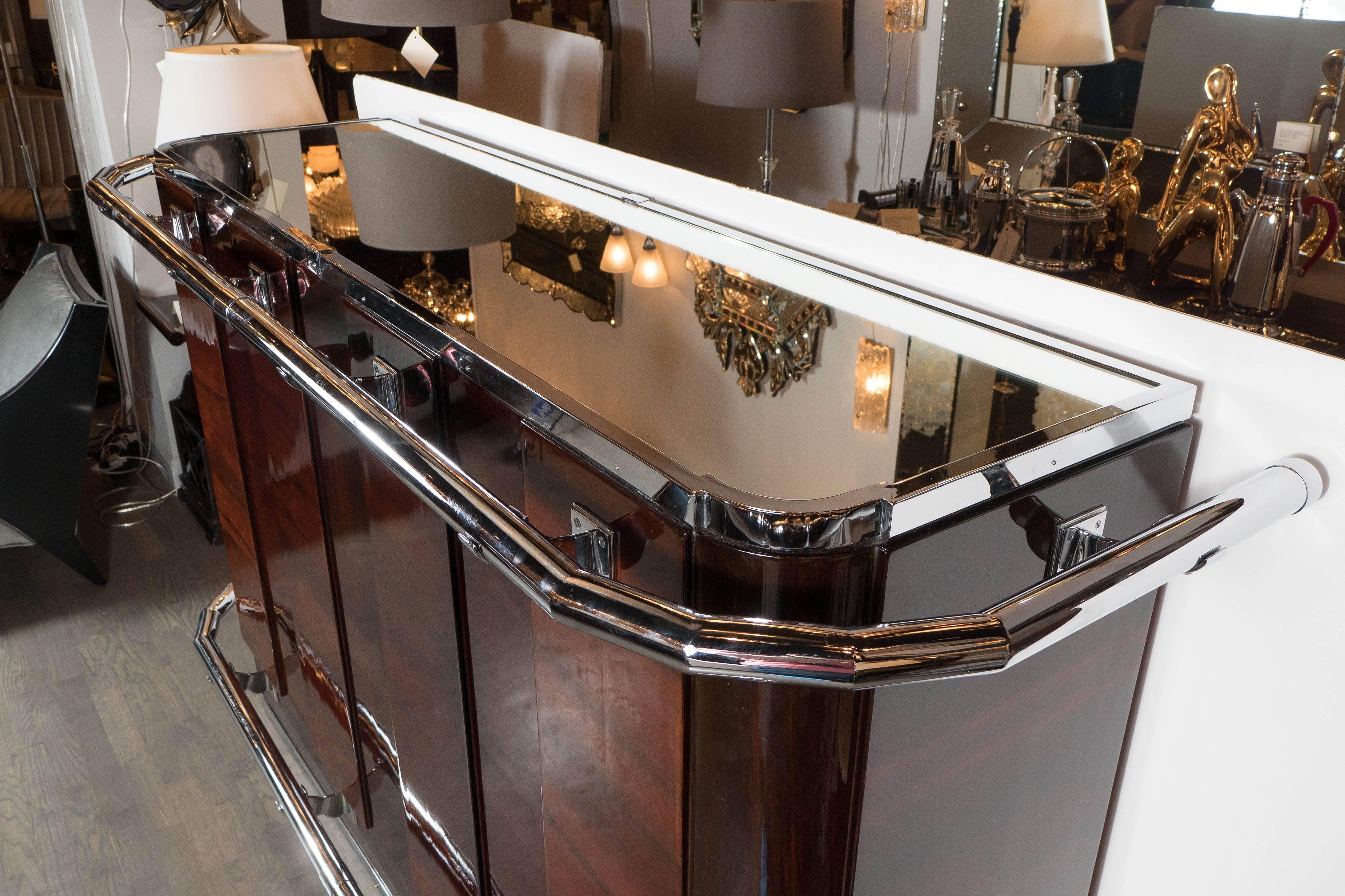 Mid-20th Century Art Deco Bar in Mahogany with Nickel Accents and Mirrored Top
